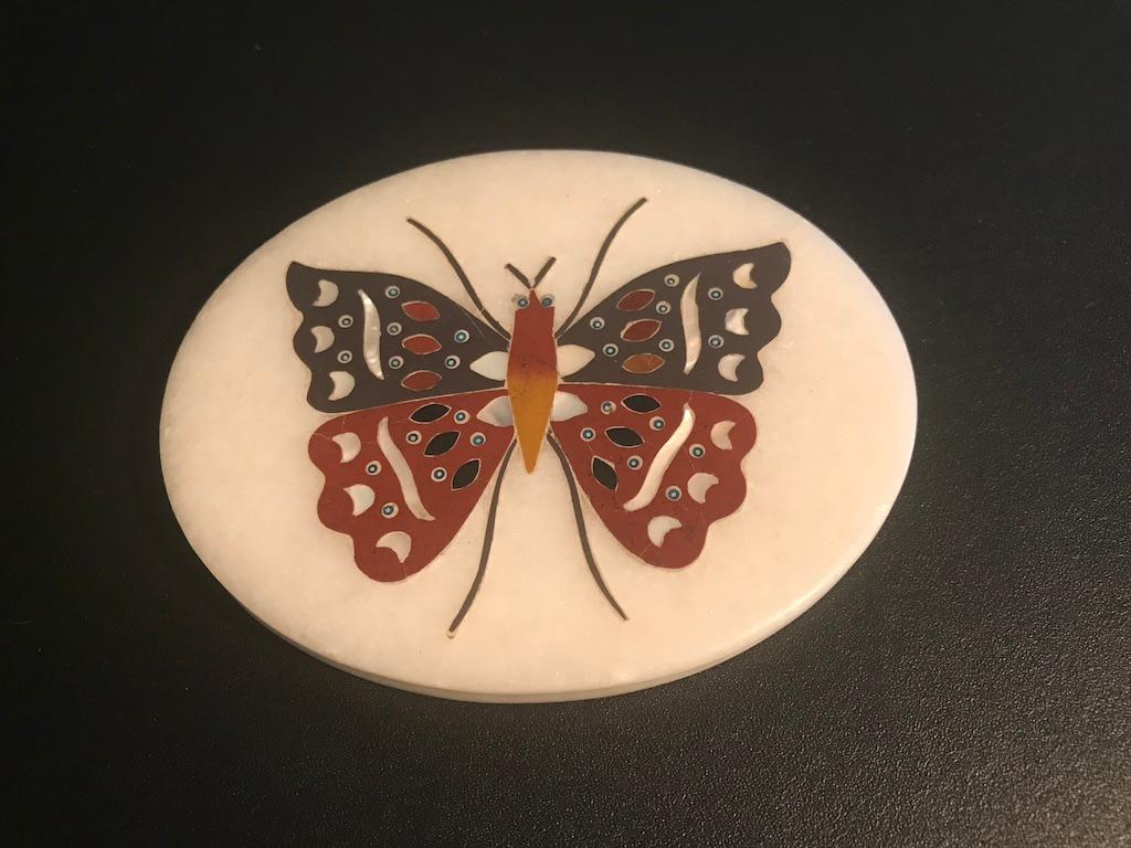 Anglo Indian Pietra Dura Inlaid Marble Butterfly Paperweight For Sale 5