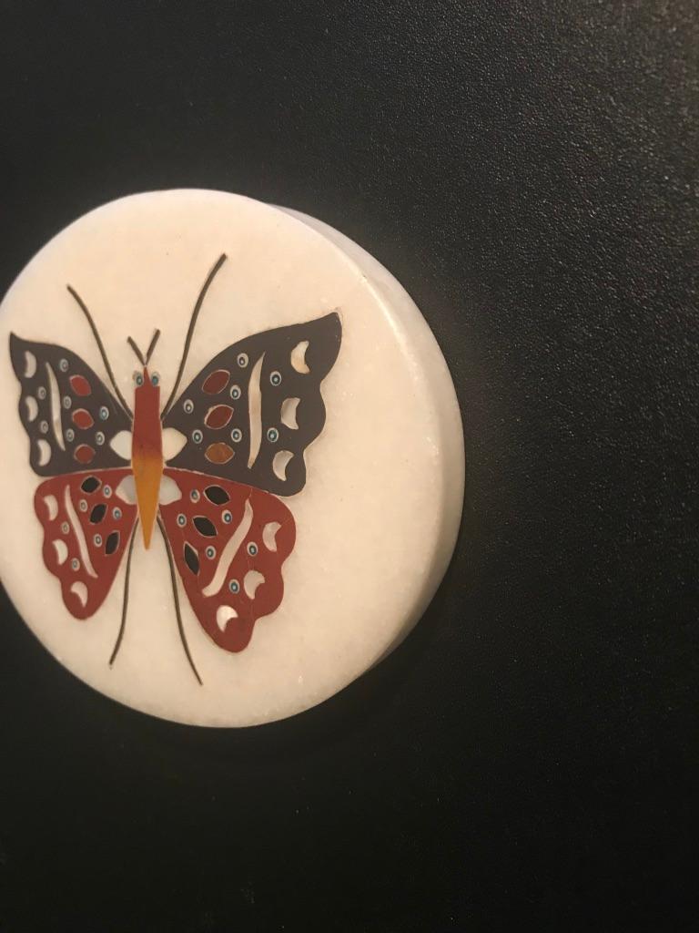 20th Century Anglo Indian Pietra Dura Inlaid Marble Butterfly Paperweight For Sale