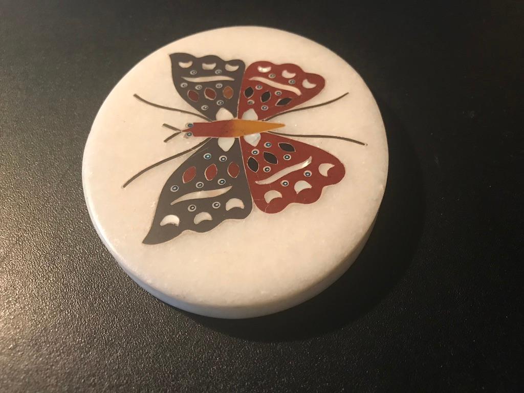 Anglo Indian Pietra Dura Inlaid Marble Butterfly Paperweight For Sale 1