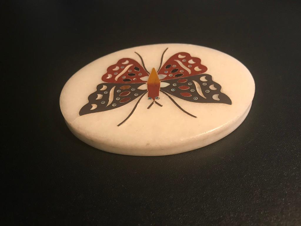 Anglo Indian Pietra Dura Inlaid Marble Butterfly Paperweight For Sale 2