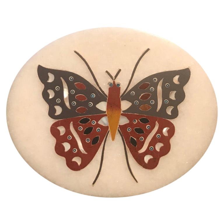 Anglo Indian Pietra Dura Inlaid Marble Butterfly Paperweight For Sale