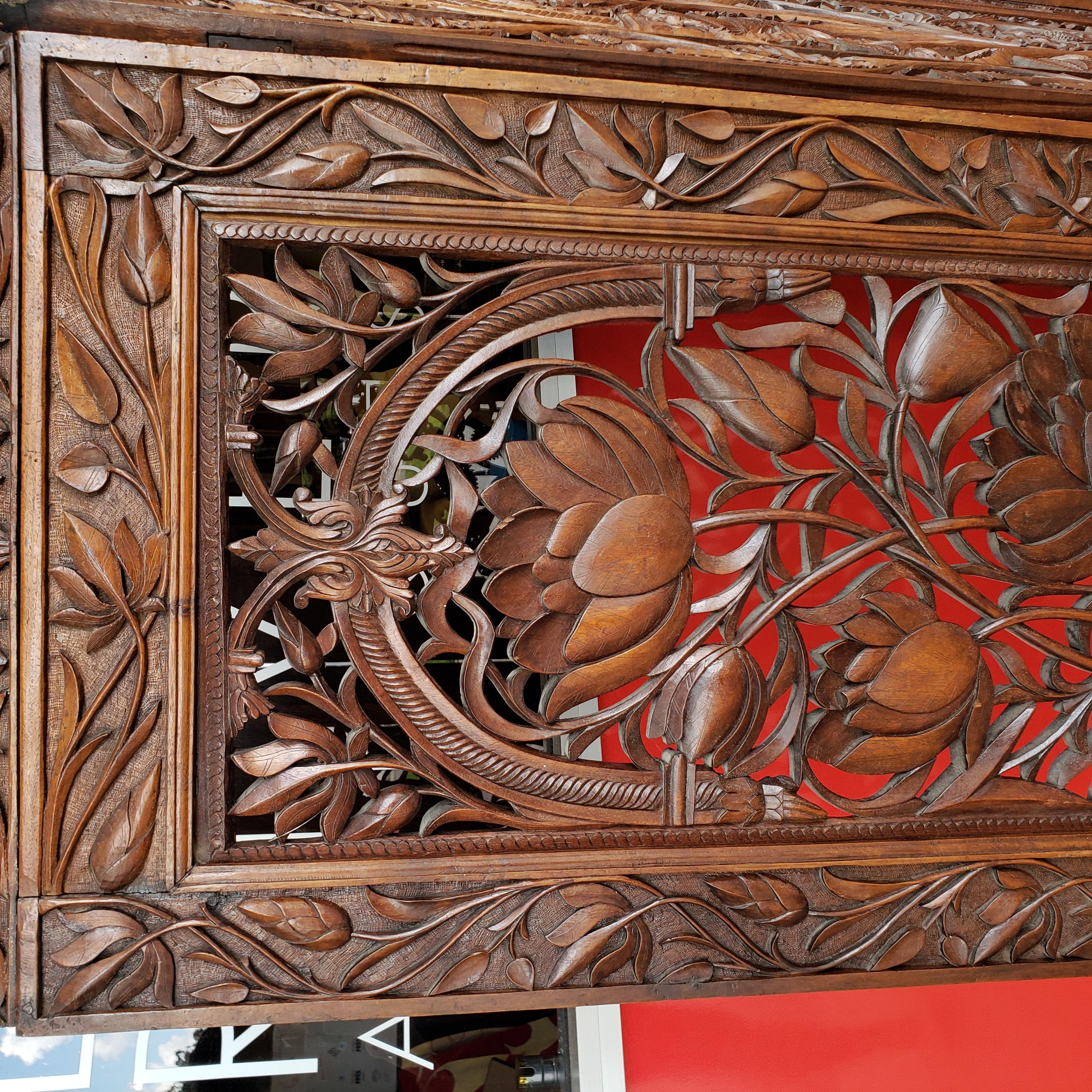 Anglo Raj Anglo Indian Raj Carved Floral Hardwood Screen European Market Four Panel  For Sale
