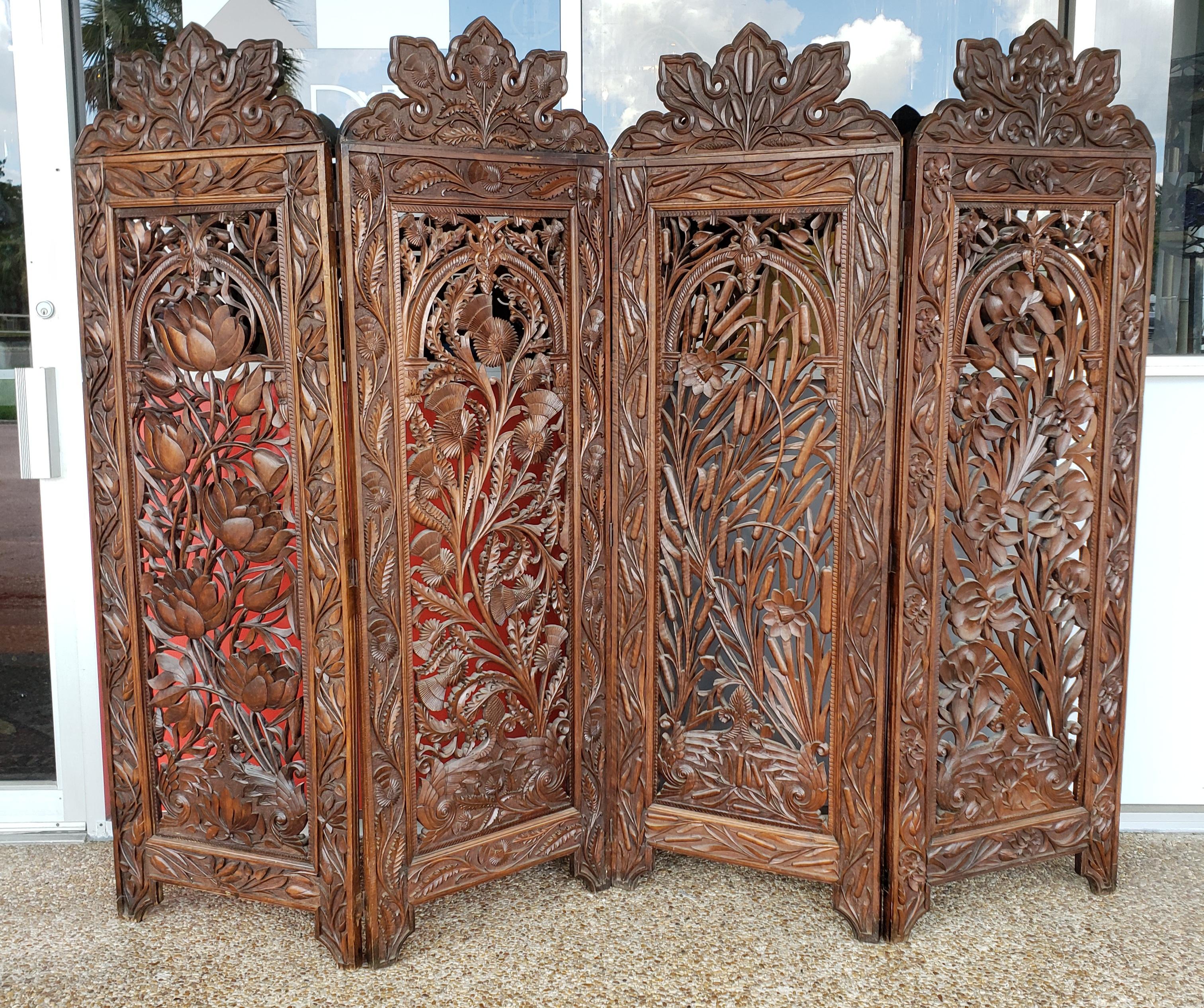 20th Century Anglo Indian Raj Carved Floral Hardwood Screen European Market Four Panel  For Sale