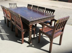 Anglo Indian Raj Table & 10 Chairs with Metal Decoration