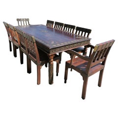 Anglo Indian Raj Table & 10 Chairs with Metal Decoration