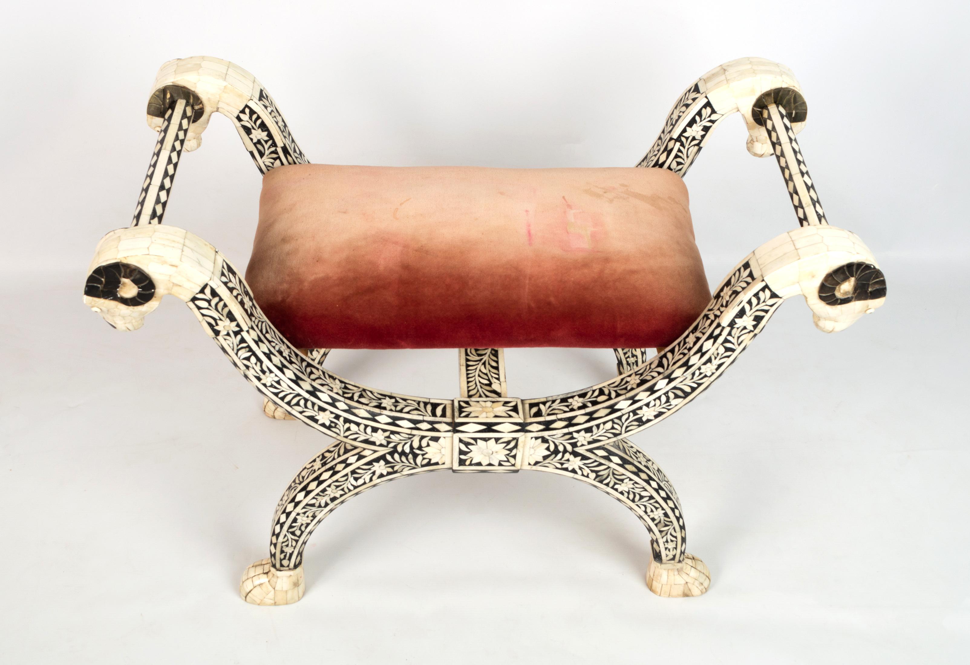 Anglo-Indian Rajasthani Mother of Pearl Stool Ottoman For Sale 5