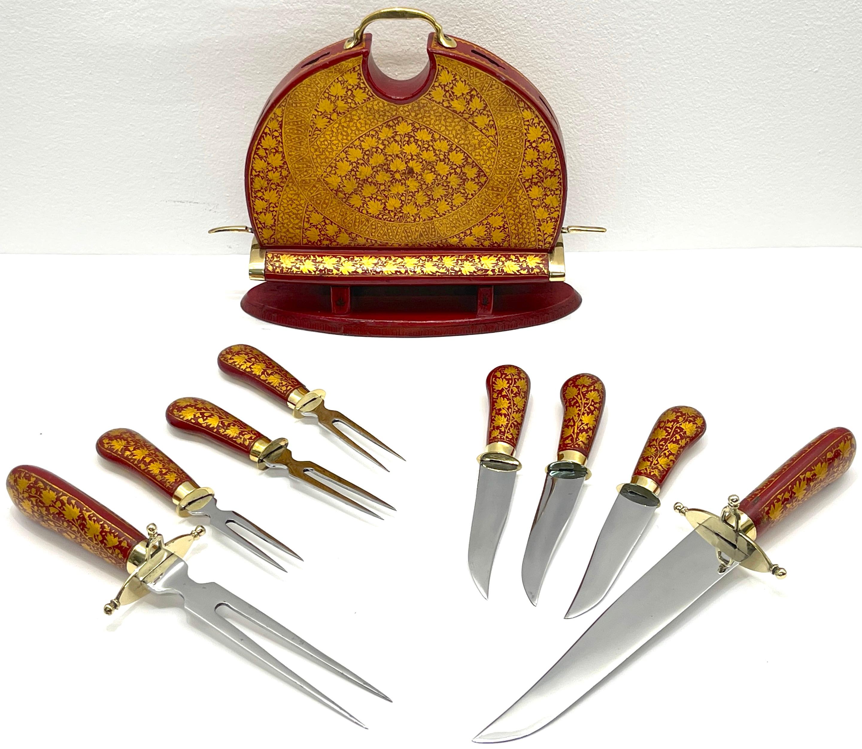 Anglo-Indian Red and Gilt Lacquer and Brass Carving Set For Sale 4