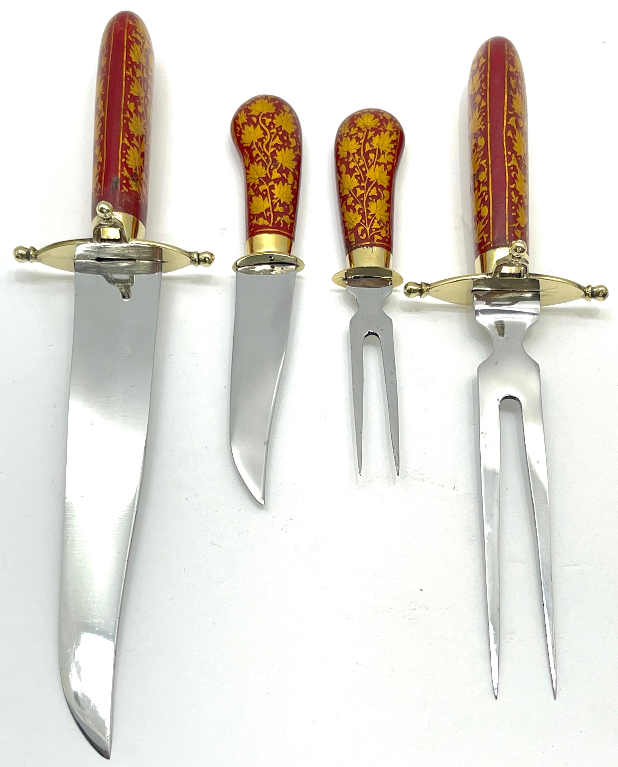 Anglo-Indian Red and Gilt Lacquer and Brass Carving Set For Sale 5