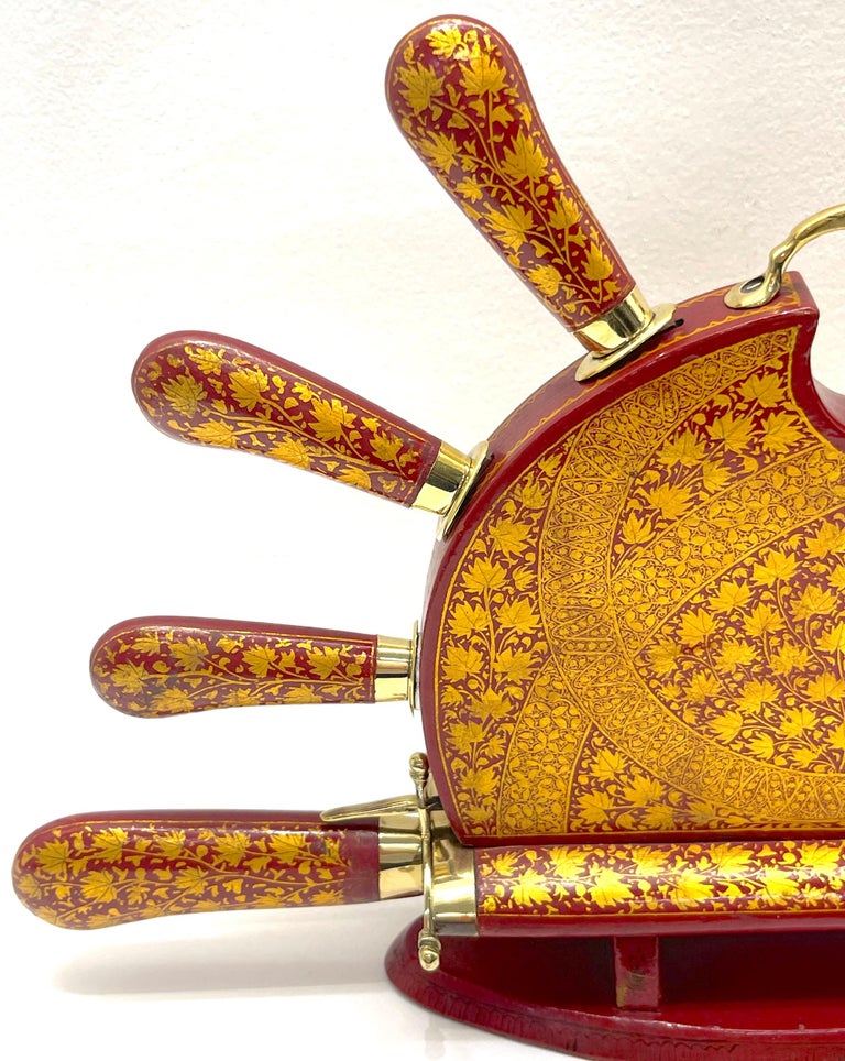 Anglo-Indian Red and Gilt Lacquer and Brass Carving Set For Sale at 1stDibs