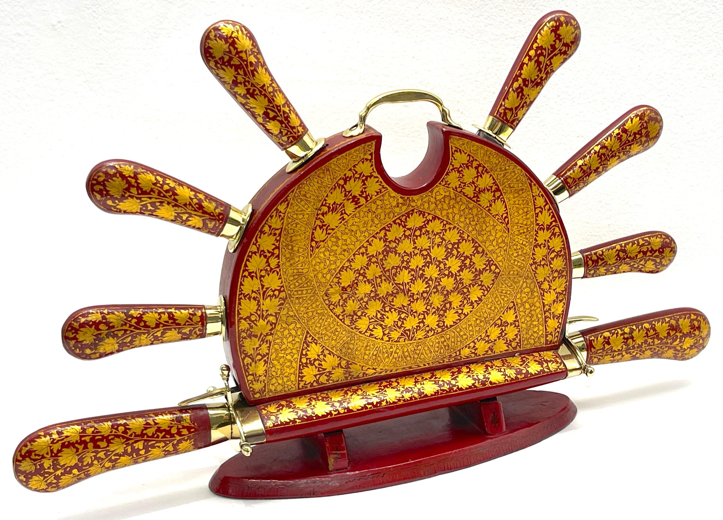 Anglo-Indian Red and Gilt Lacquer and Brass Carving Set For Sale 1