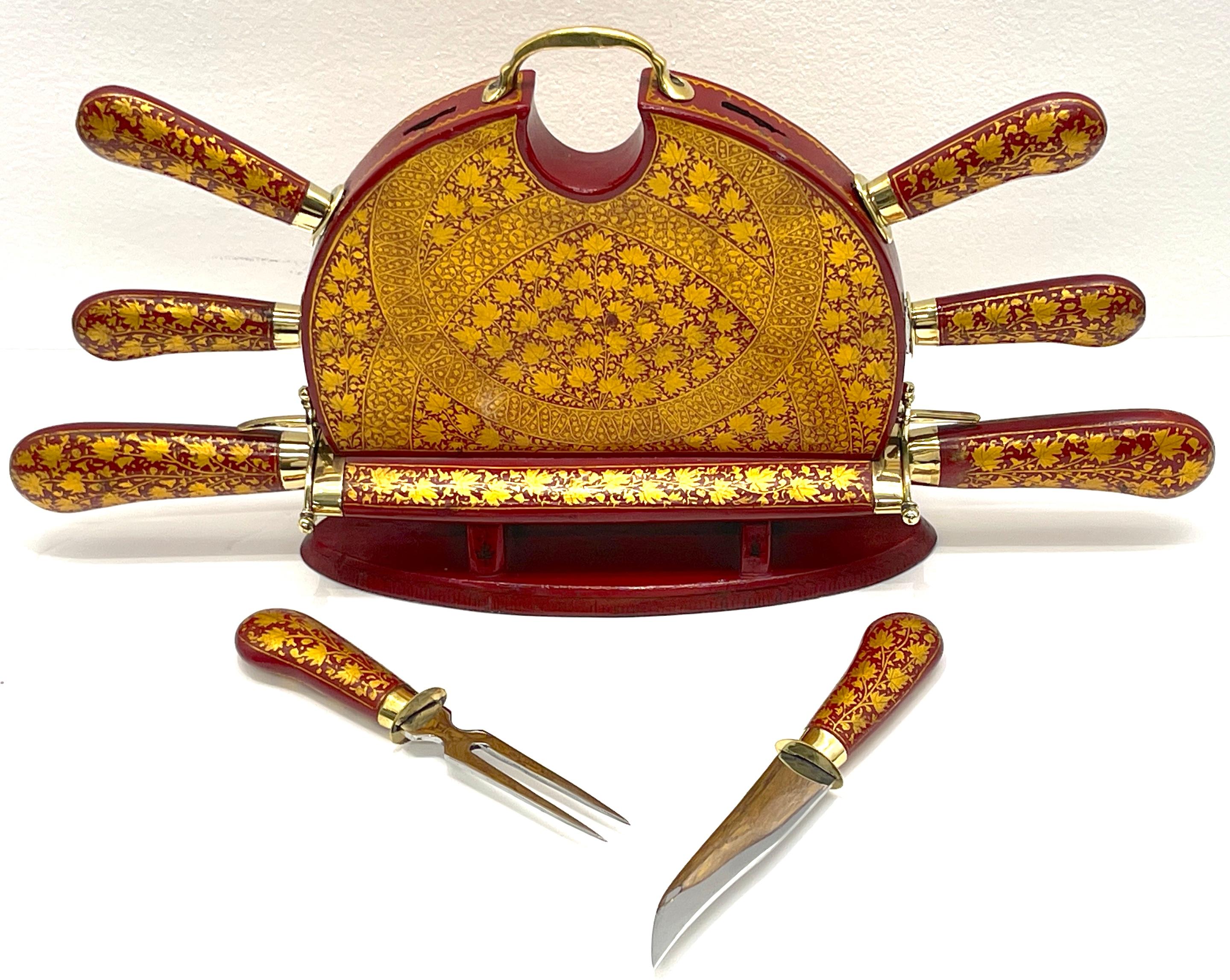 Anglo-Indian Red and Gilt Lacquer and Brass Carving Set For Sale 2