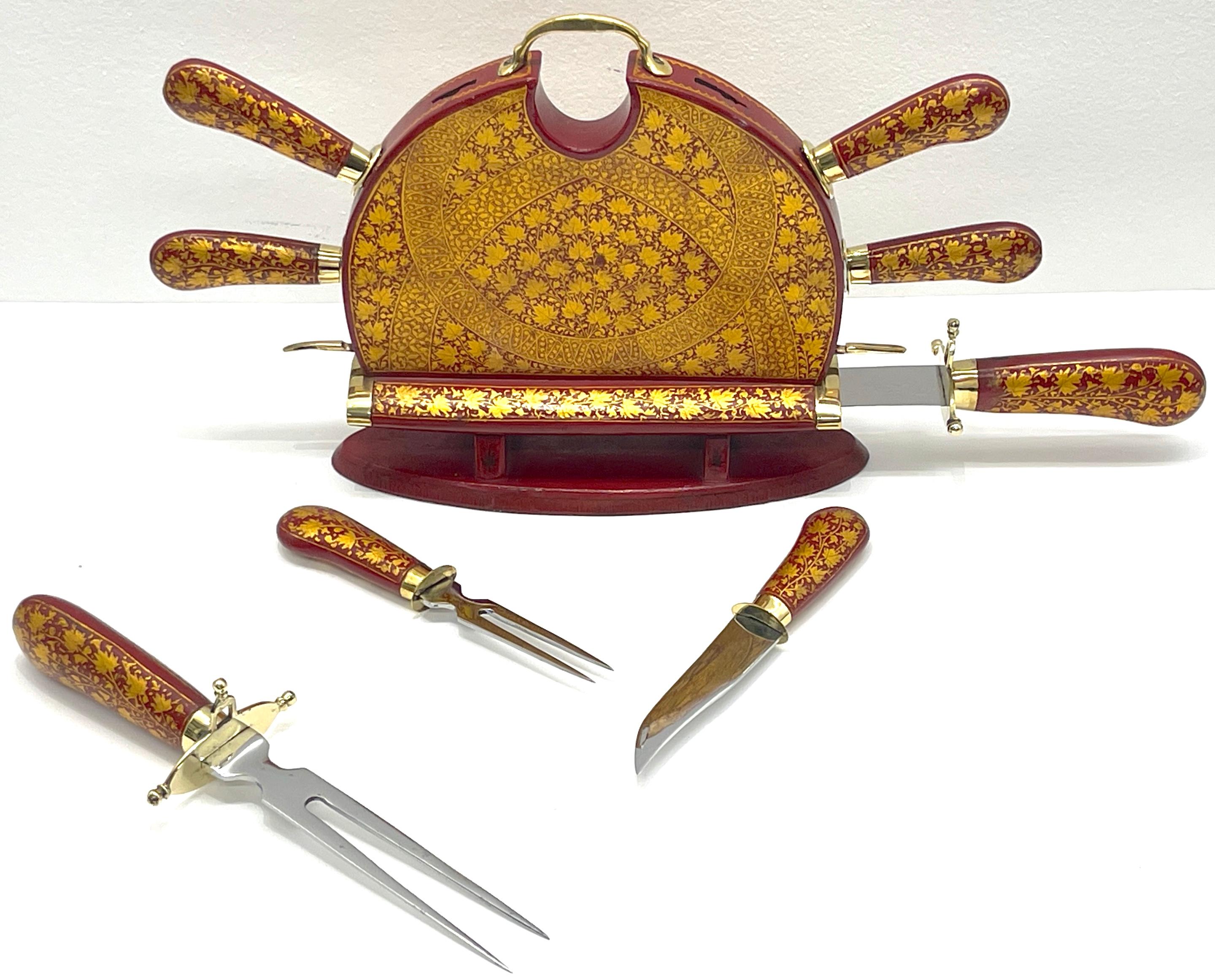 Anglo-Indian Red and Gilt Lacquer and Brass Carving Set For Sale 3