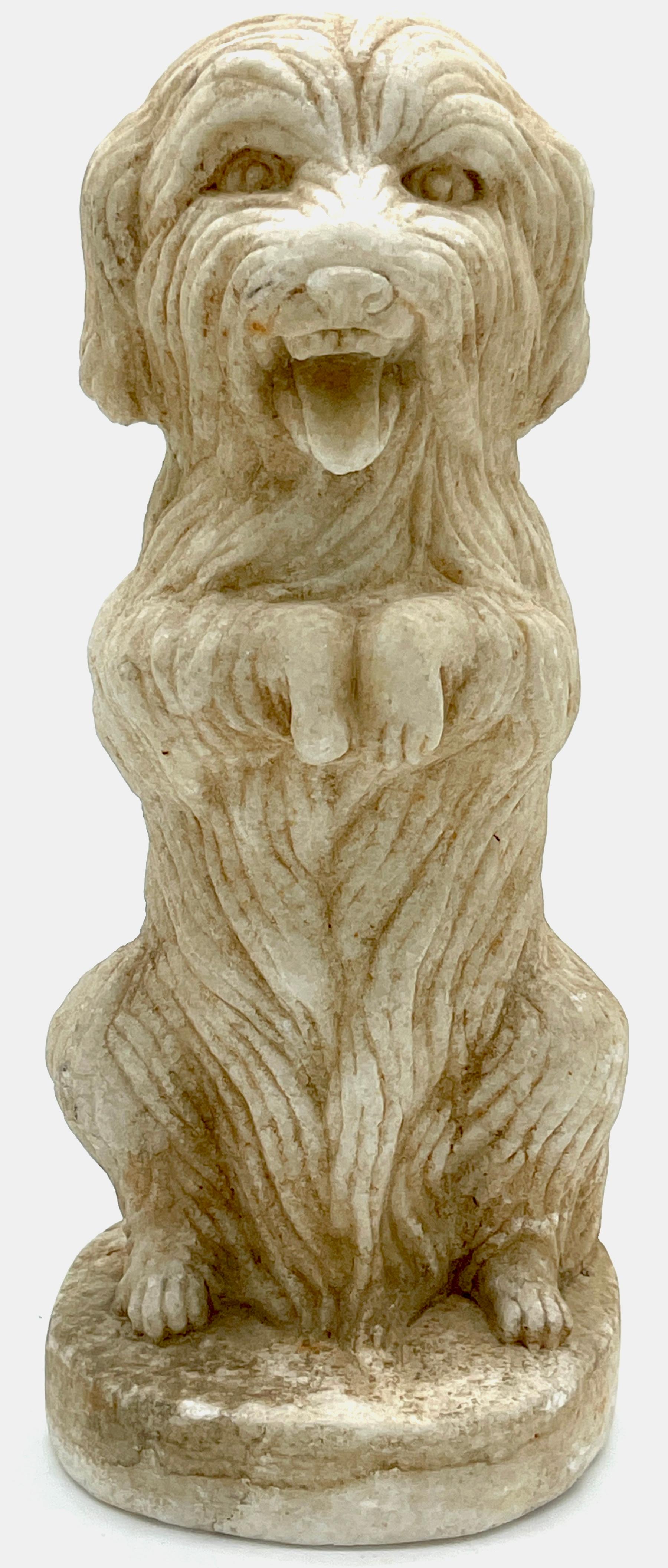 Anglo-indische Regency-Skulptur aus geschnitztem Marmor eines sitzenden Langhaarterriers 
Anglo-indisch für den englischen Markt, 19. Jahrhundert 

Eine skurrile anglo-indische Regency-Marmorskulptur eines sitzenden Langhaar-Terriers, die im 19.