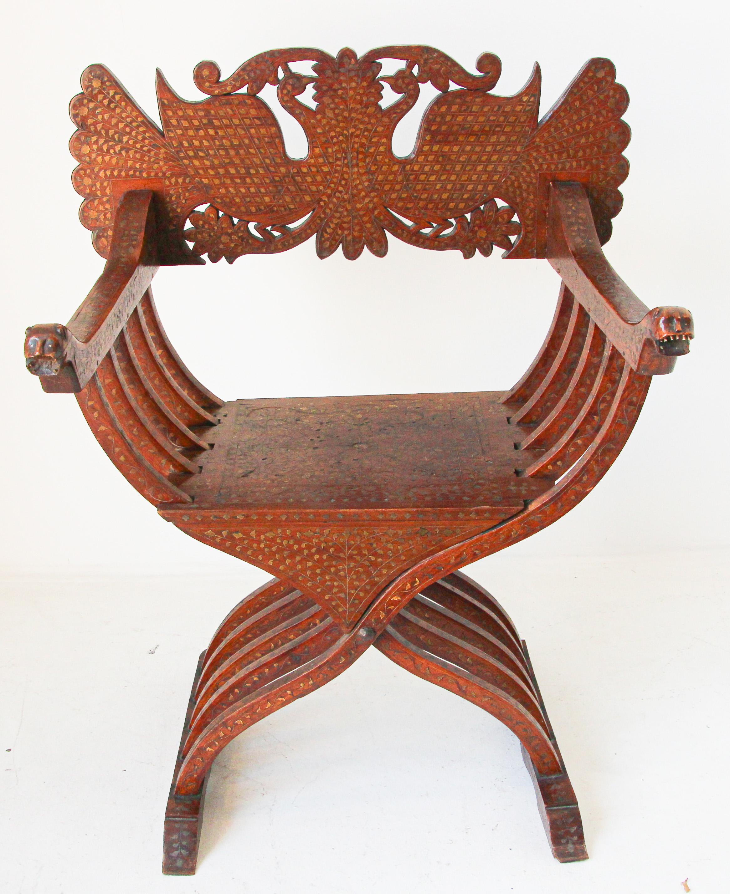 Anglo-Indian Savonarola Moorish Peacock Armchair with Brass Inlays 19th C. For Sale 5