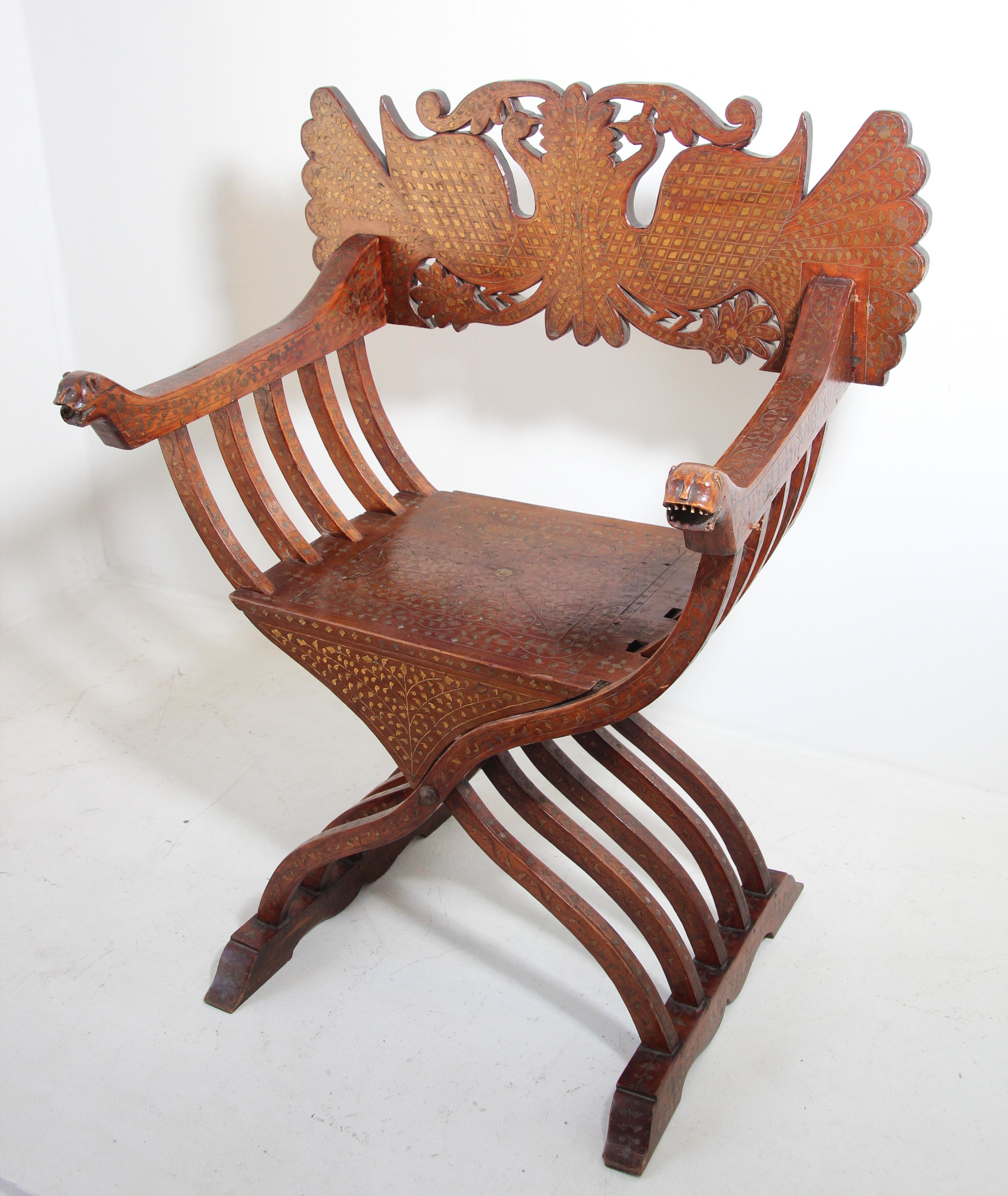 Anglo-Indian Savonarola Moorish Peacock Armchair with Brass Inlays 19th C. For Sale 10