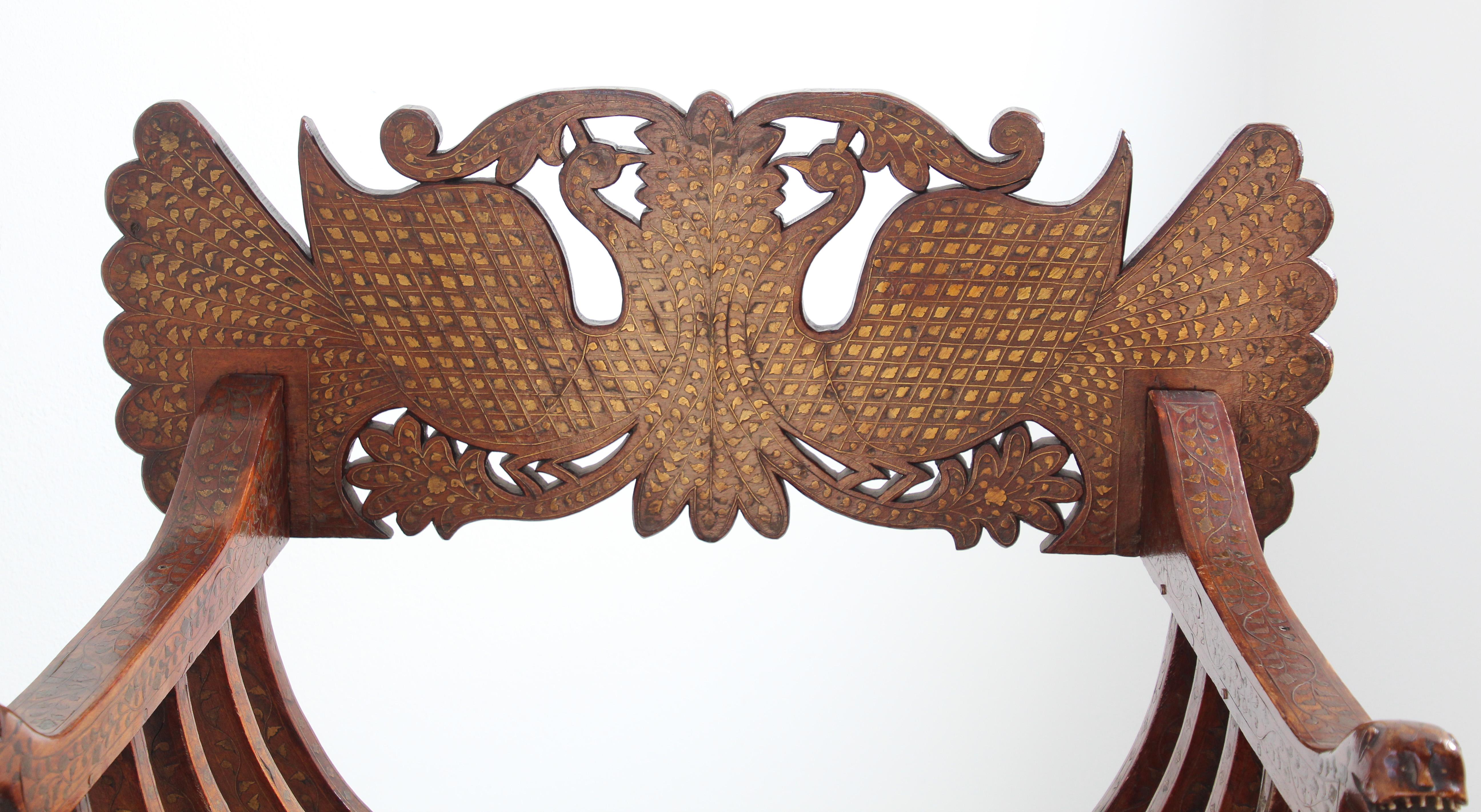 Anglo-Indian Savonarola Moorish Peacock Armchair with Brass Inlays 19th C. For Sale 12