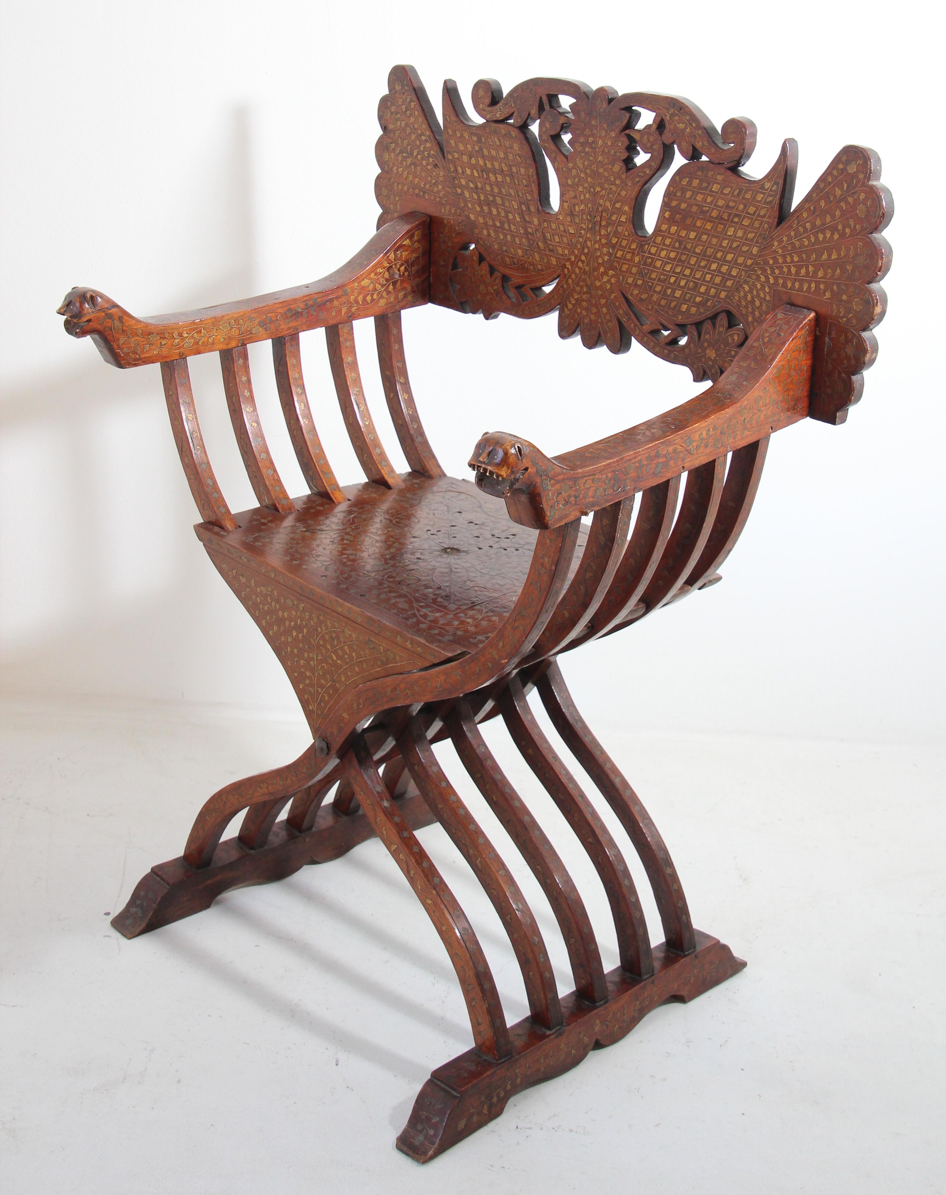 Anglo-Indian Savonarola Moorish Peacock Armchair with Brass Inlays 19th C. For Sale 13