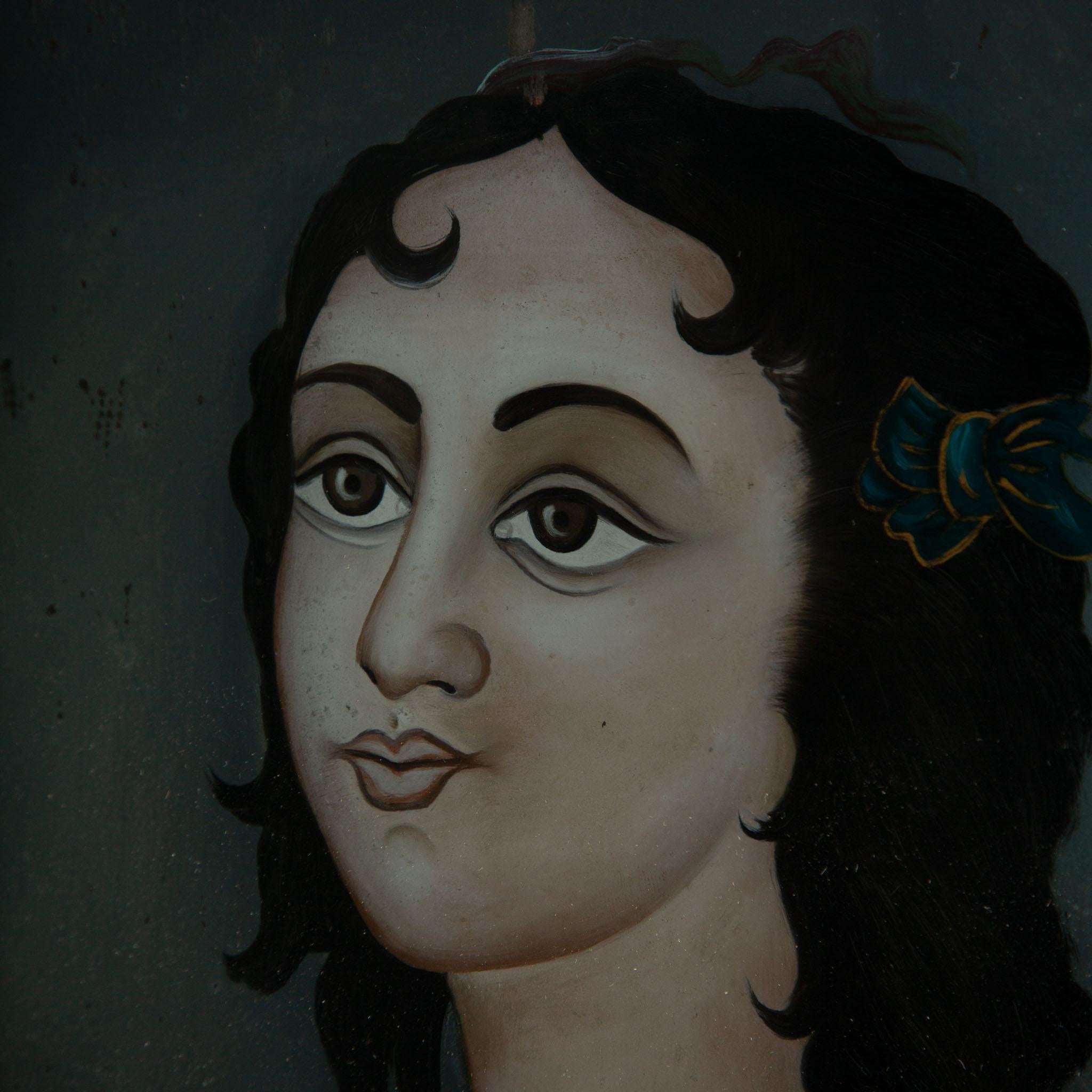 Verre École anglo-indienne : Quatre portraits en églomisé, 19e siècle en vente