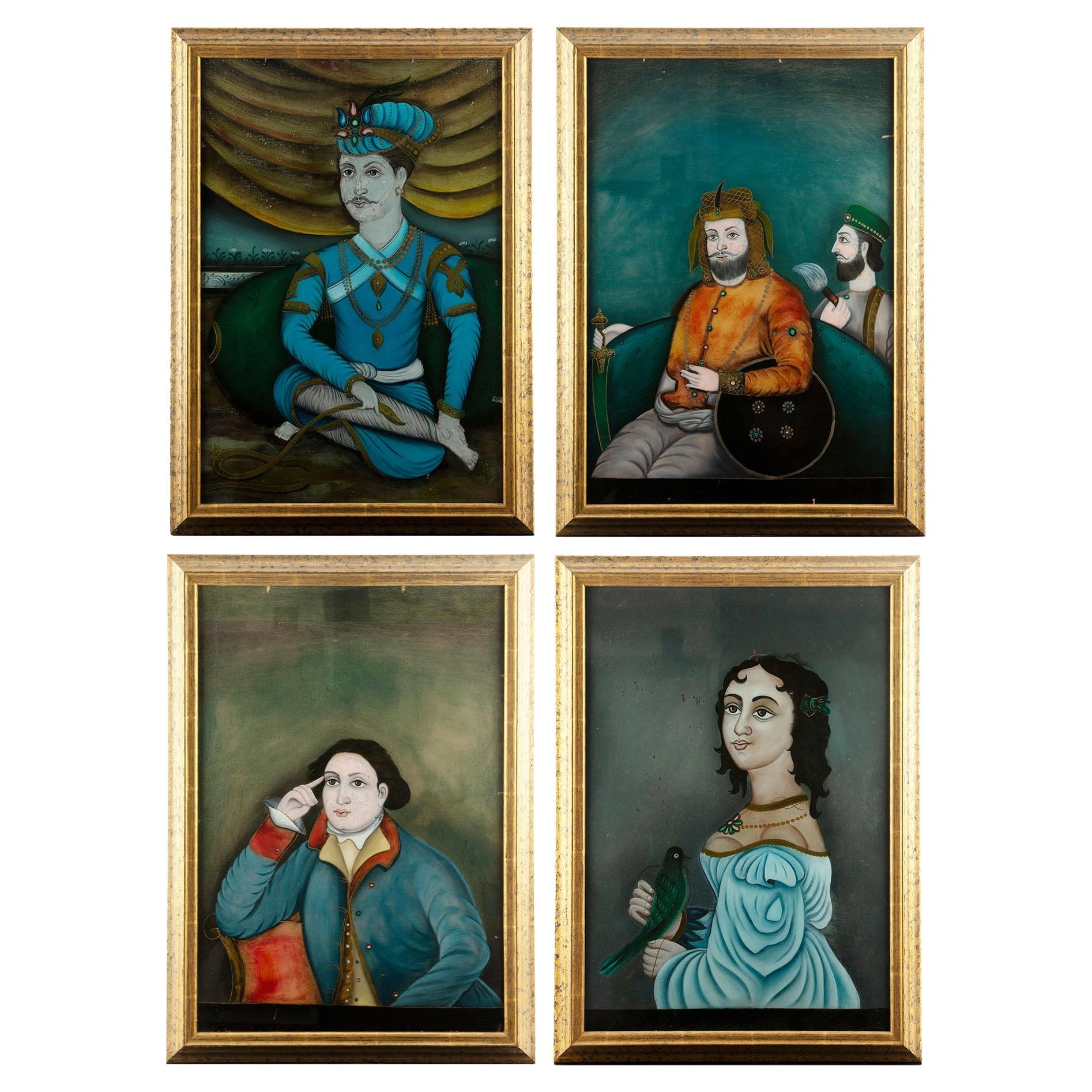 École anglo-indienne : Quatre portraits en églomisé, 19e siècle en vente