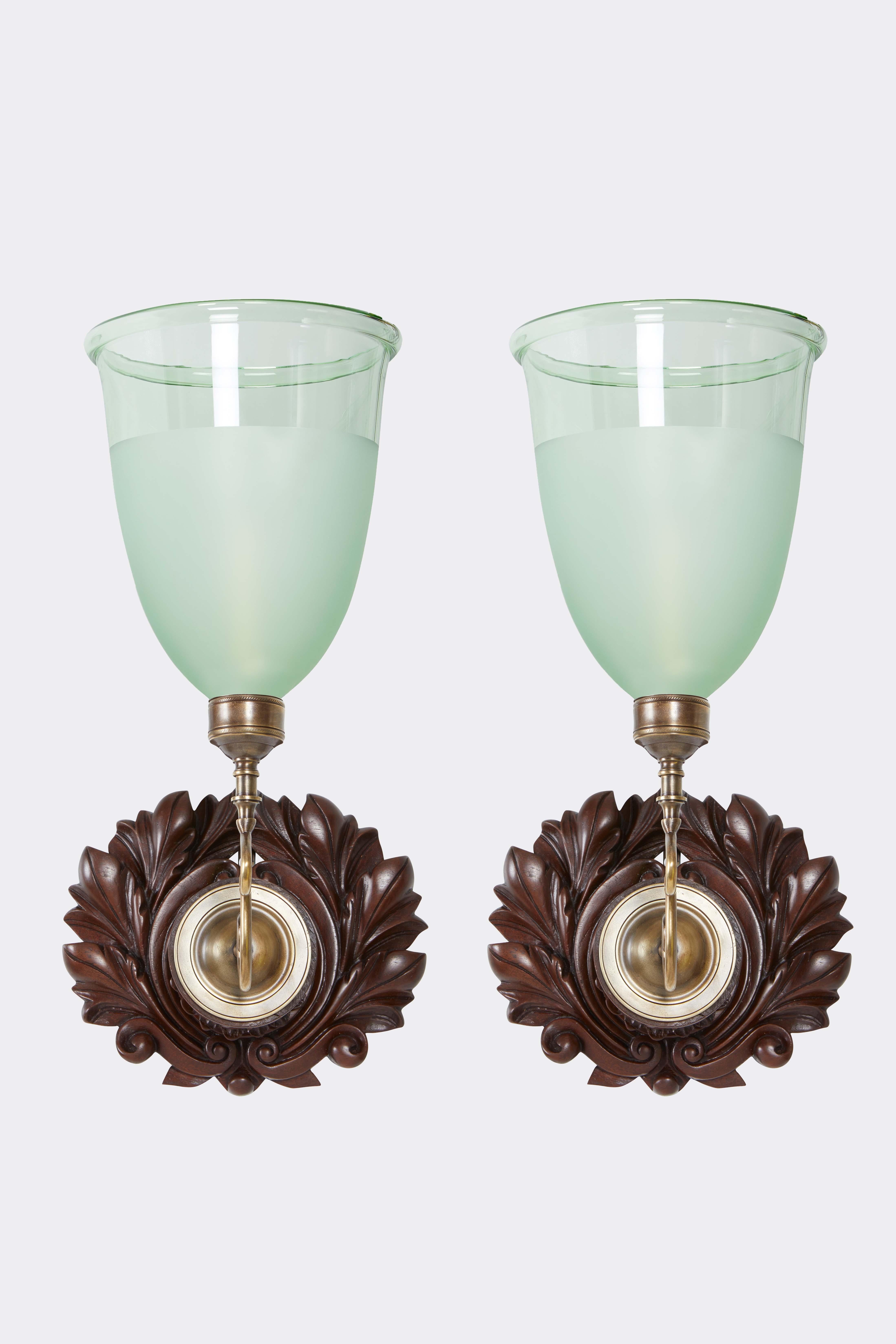 Hand-Carved David Duncan Sconces with Large Wreath backplates and Green Frosted Shades For Sale