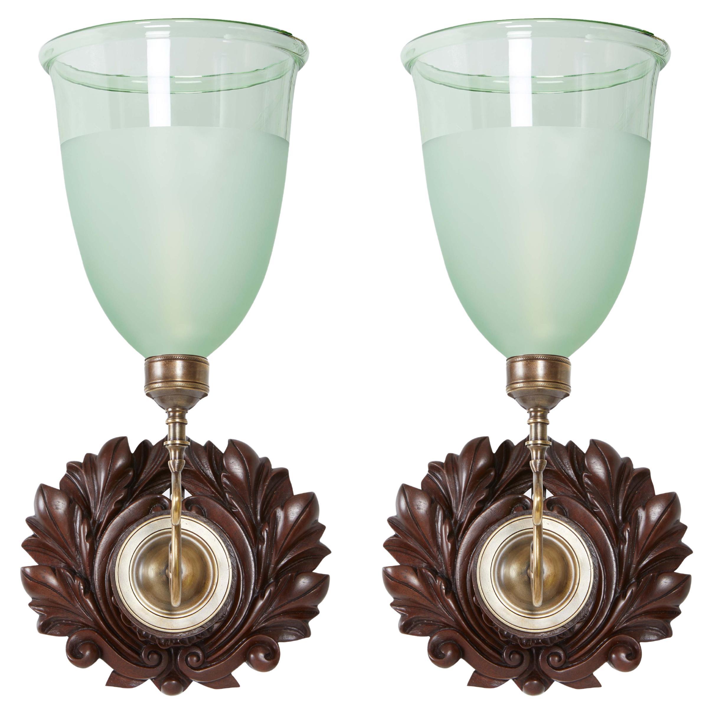David Duncan Sconces with Large Wreath backplates and Green Frosted Shades For Sale