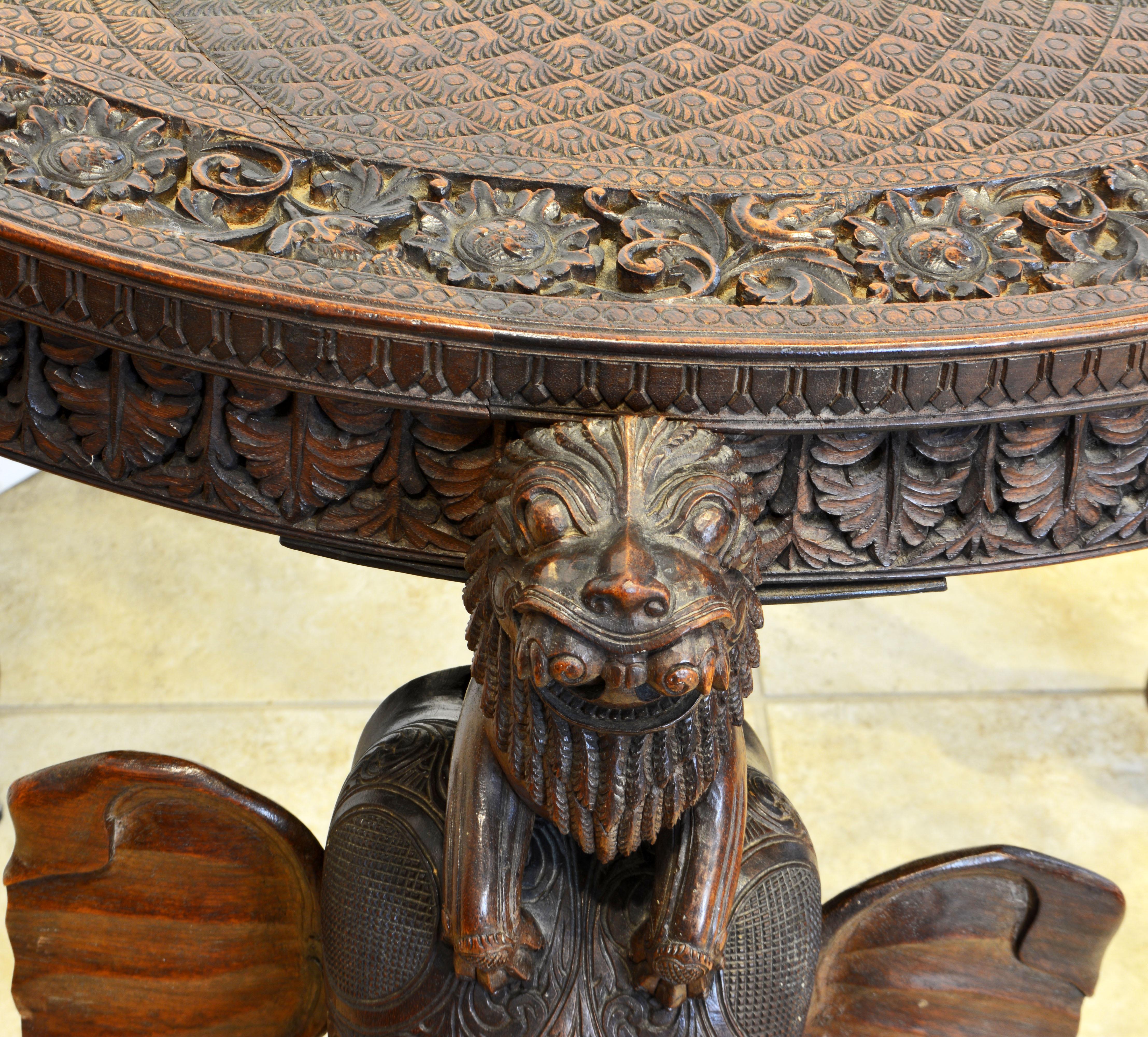 Anglo-Indian Sculptural Carved Elephant Head and Lion Side Table 9