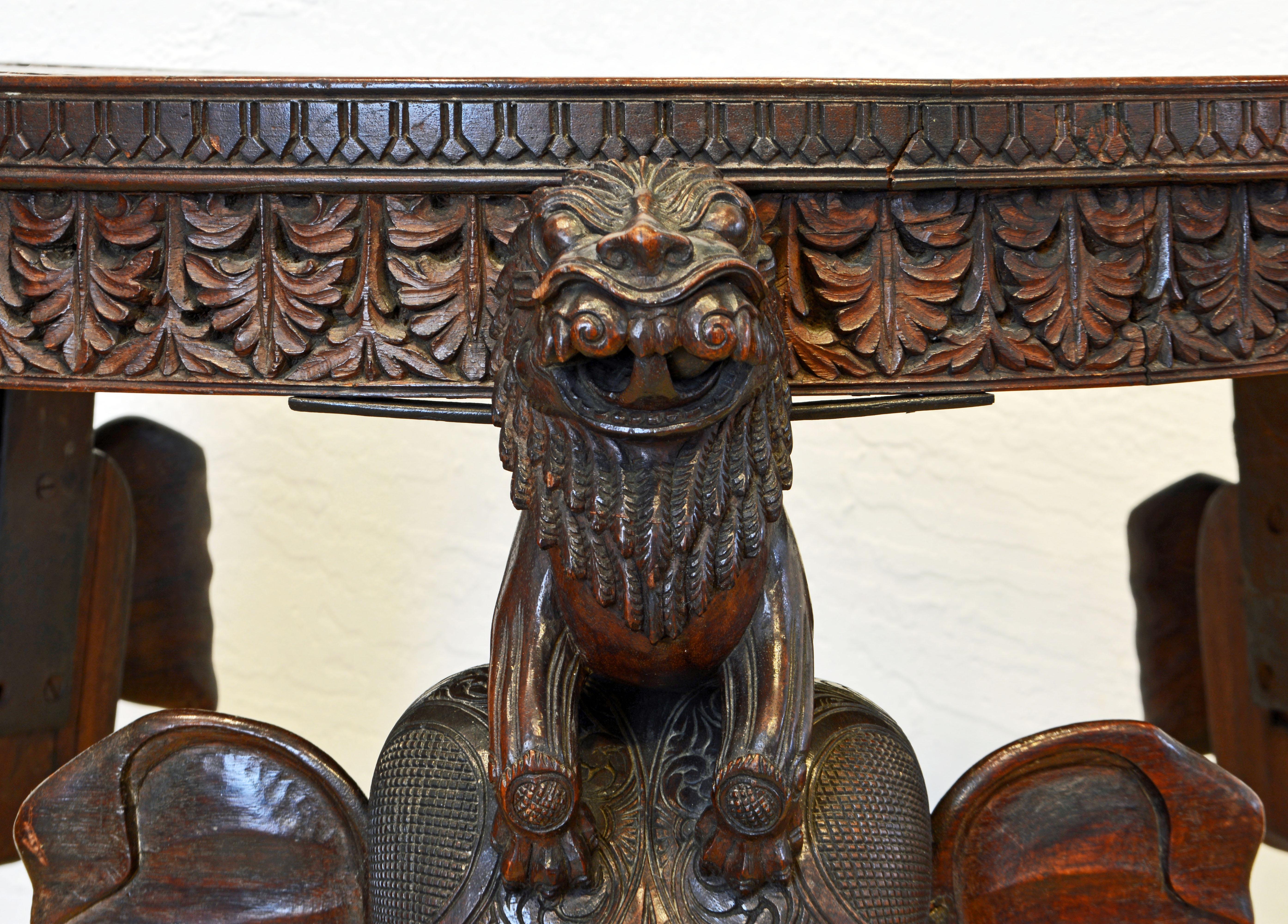 Anglo-Indian Sculptural Carved Elephant Head and Lion Side Table In Good Condition In Ft. Lauderdale, FL