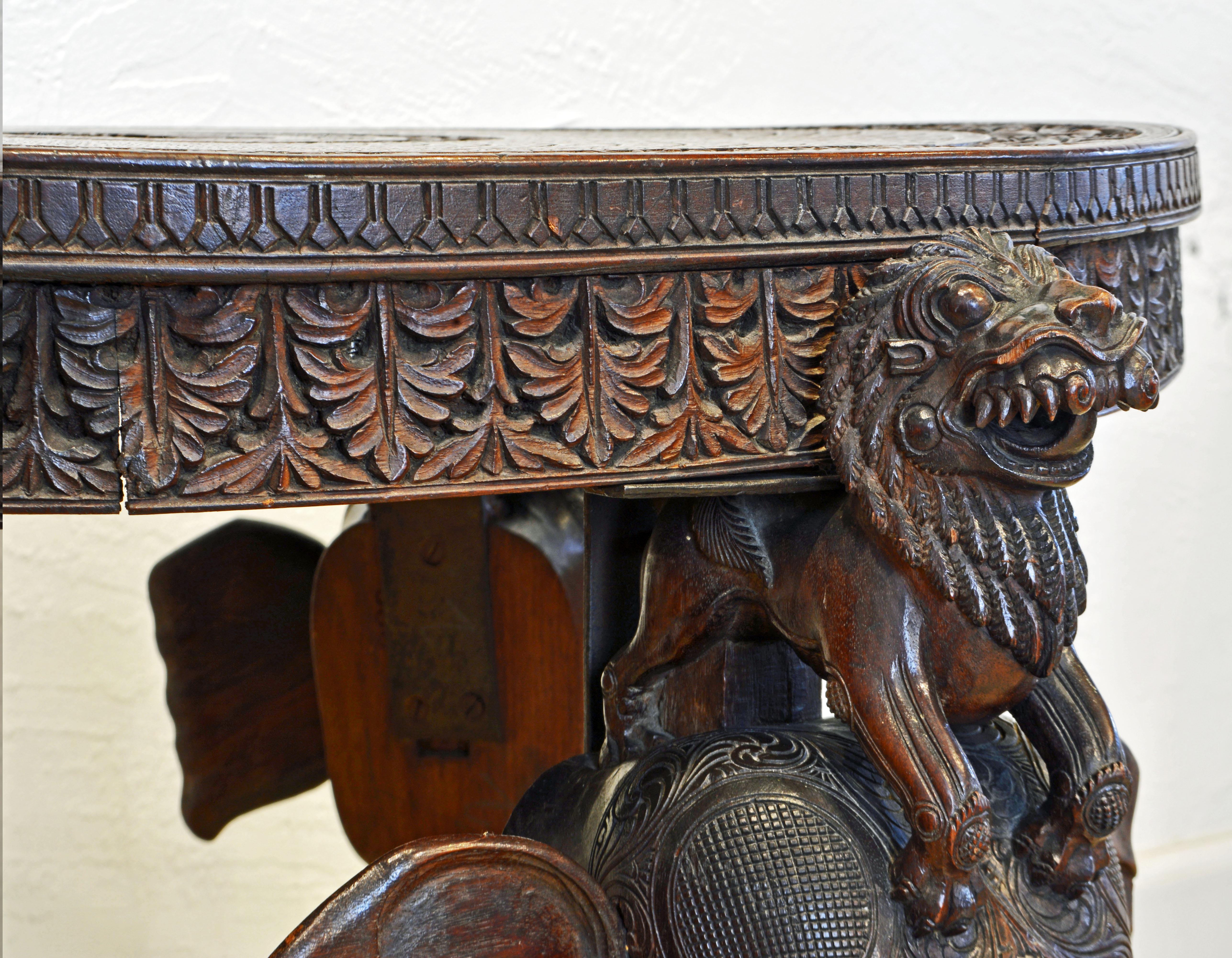 Anglo-Indian Sculptural Carved Elephant Head and Lion Side Table 1