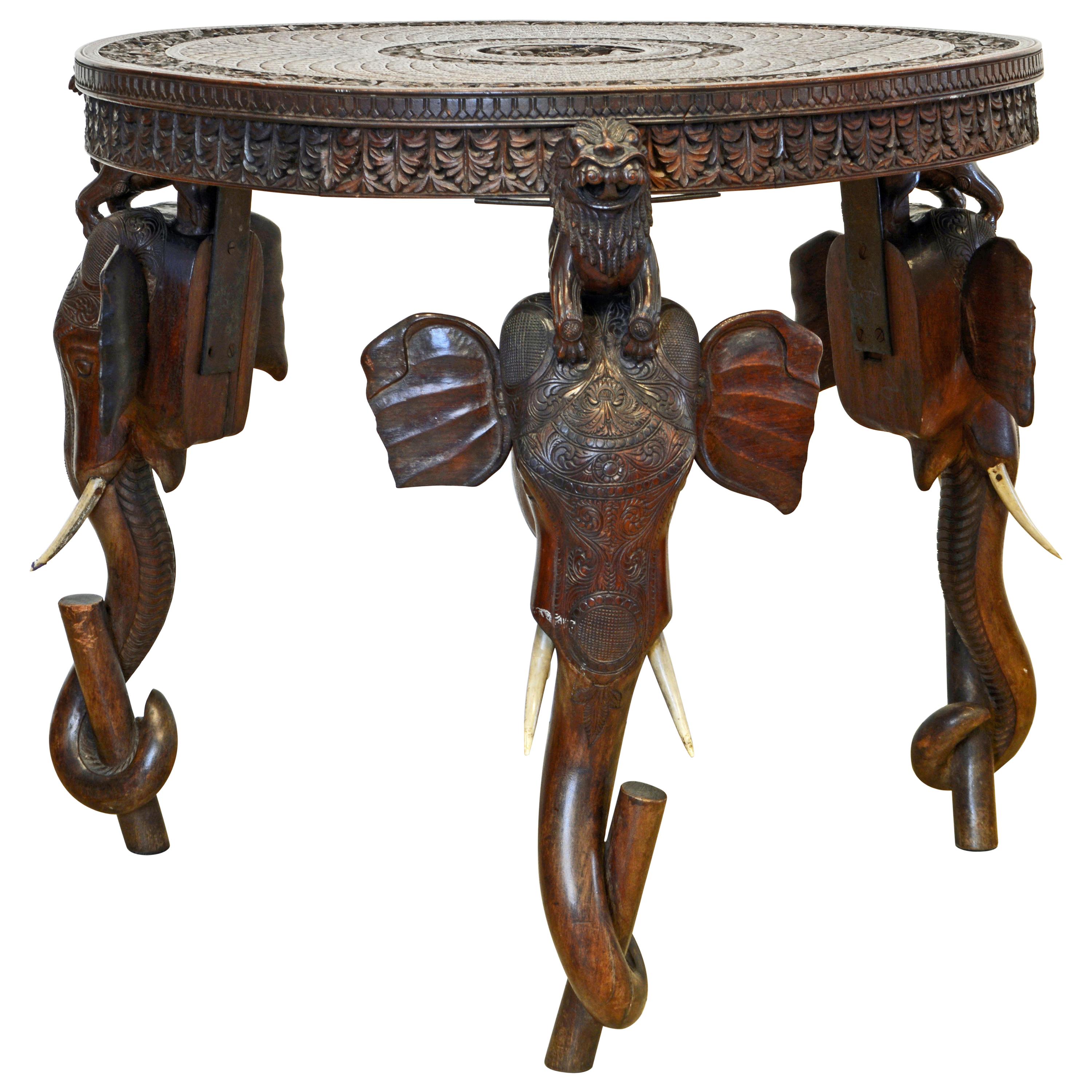Anglo-Indian Sculptural Carved Elephant Head and Lion Side Table