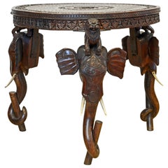 Anglo-Indian Sculptural Carved Elephant Head and Lion Side Table