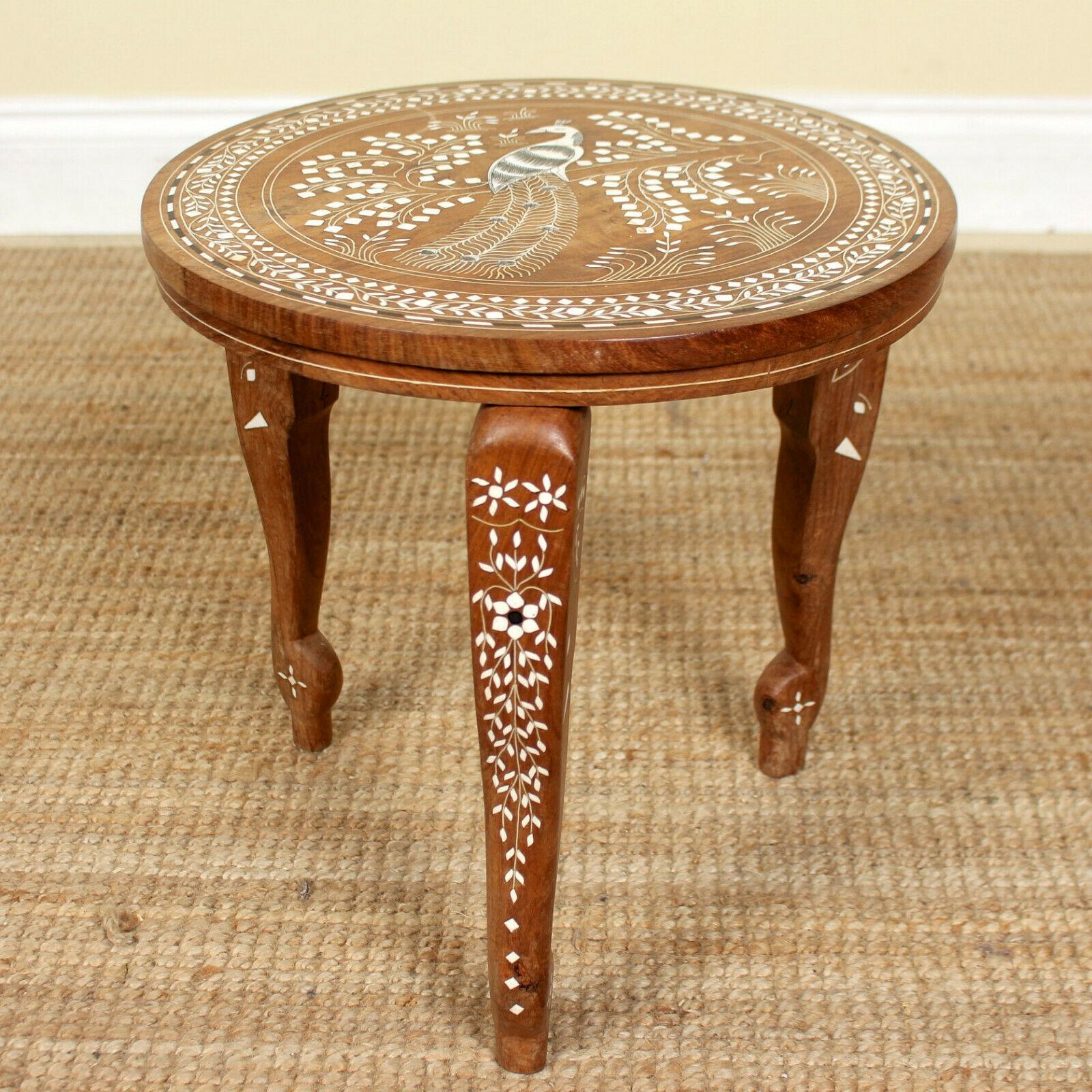 English Anglo-Indian Side Table Inlaid Moorish Lamp Table Peacock For Sale