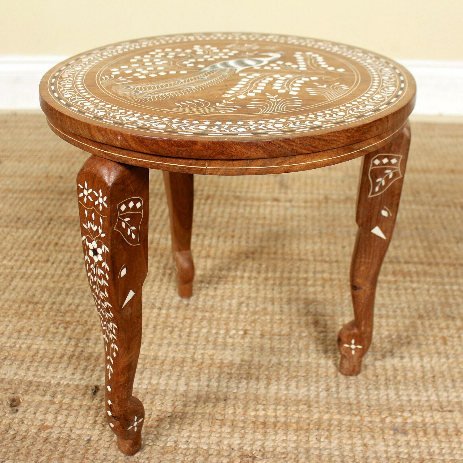 Anglo-Indian Side Table Inlaid Moorish Lamp Table Peacock For Sale 2