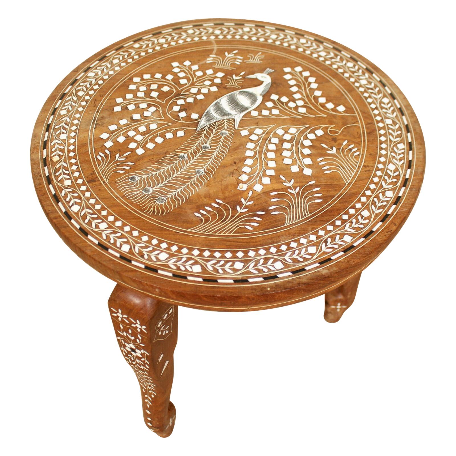 Anglo-Indian Side Table Inlaid Moorish Lamp Table Peacock For Sale