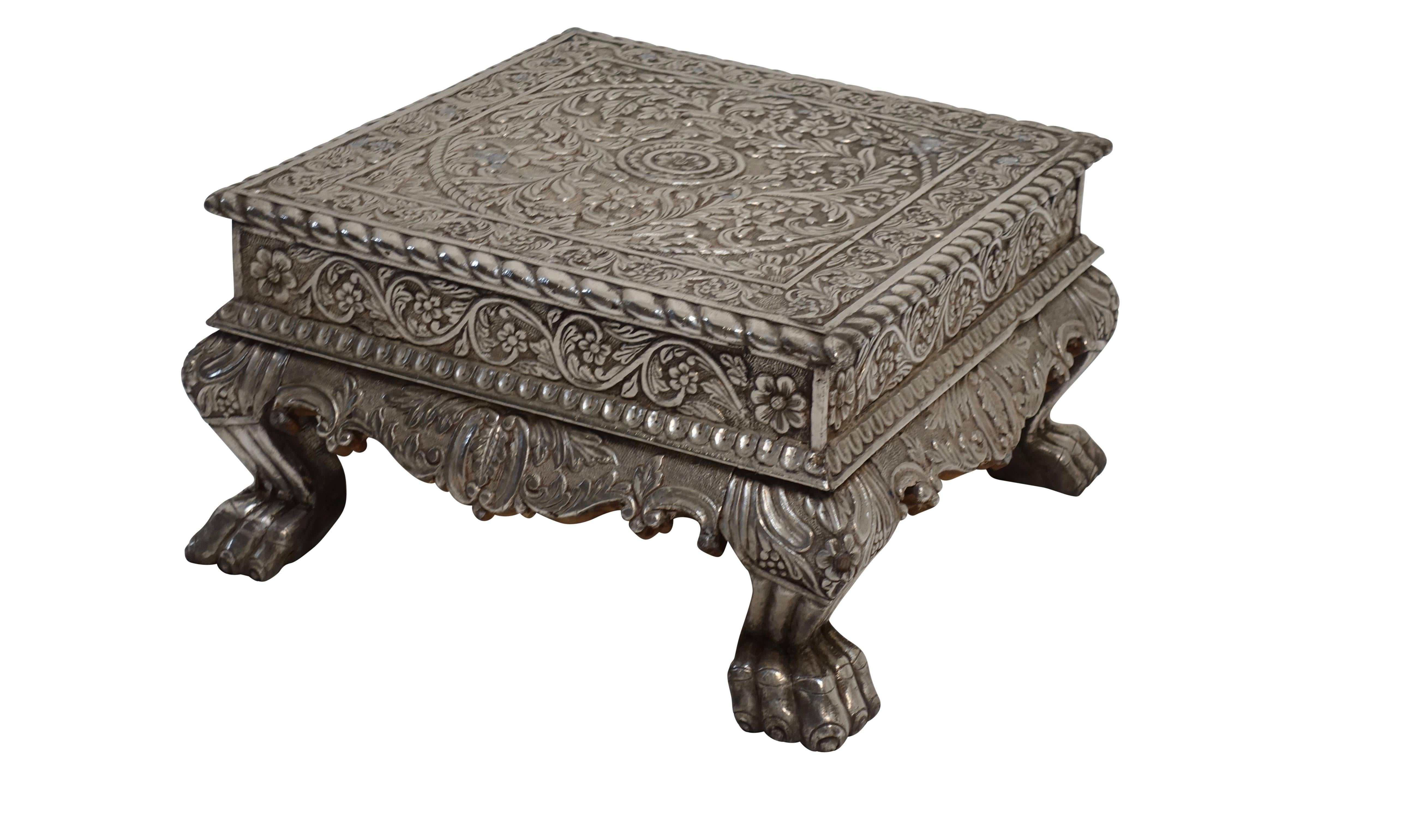 Carved Anglo-Indian Silver Clad Bajot Ceremonial Low Table, India, circa 1925