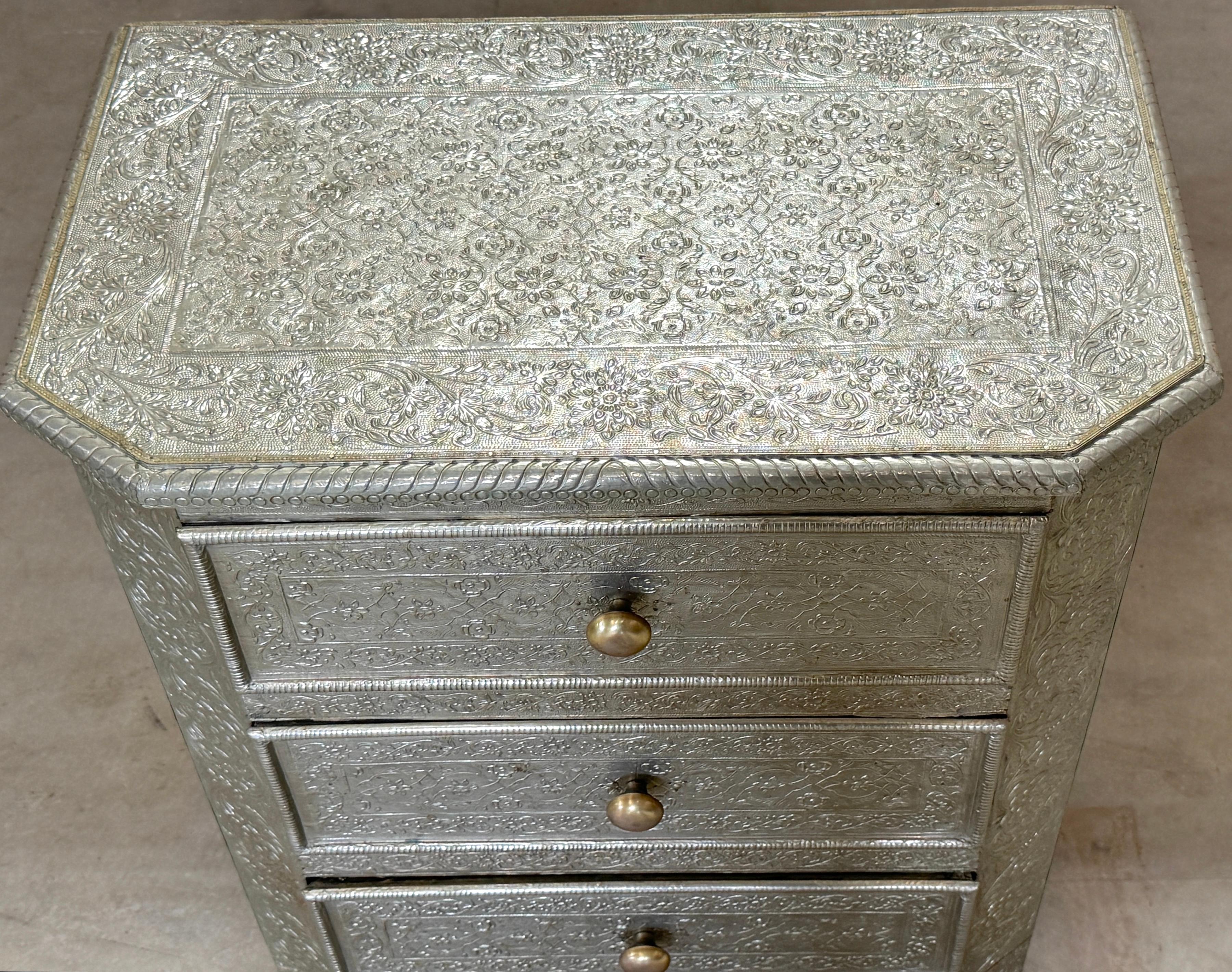 Anglo-Indian Anglo- Indian Silver Clad Repoused Three Dawer Chest or Nightstand