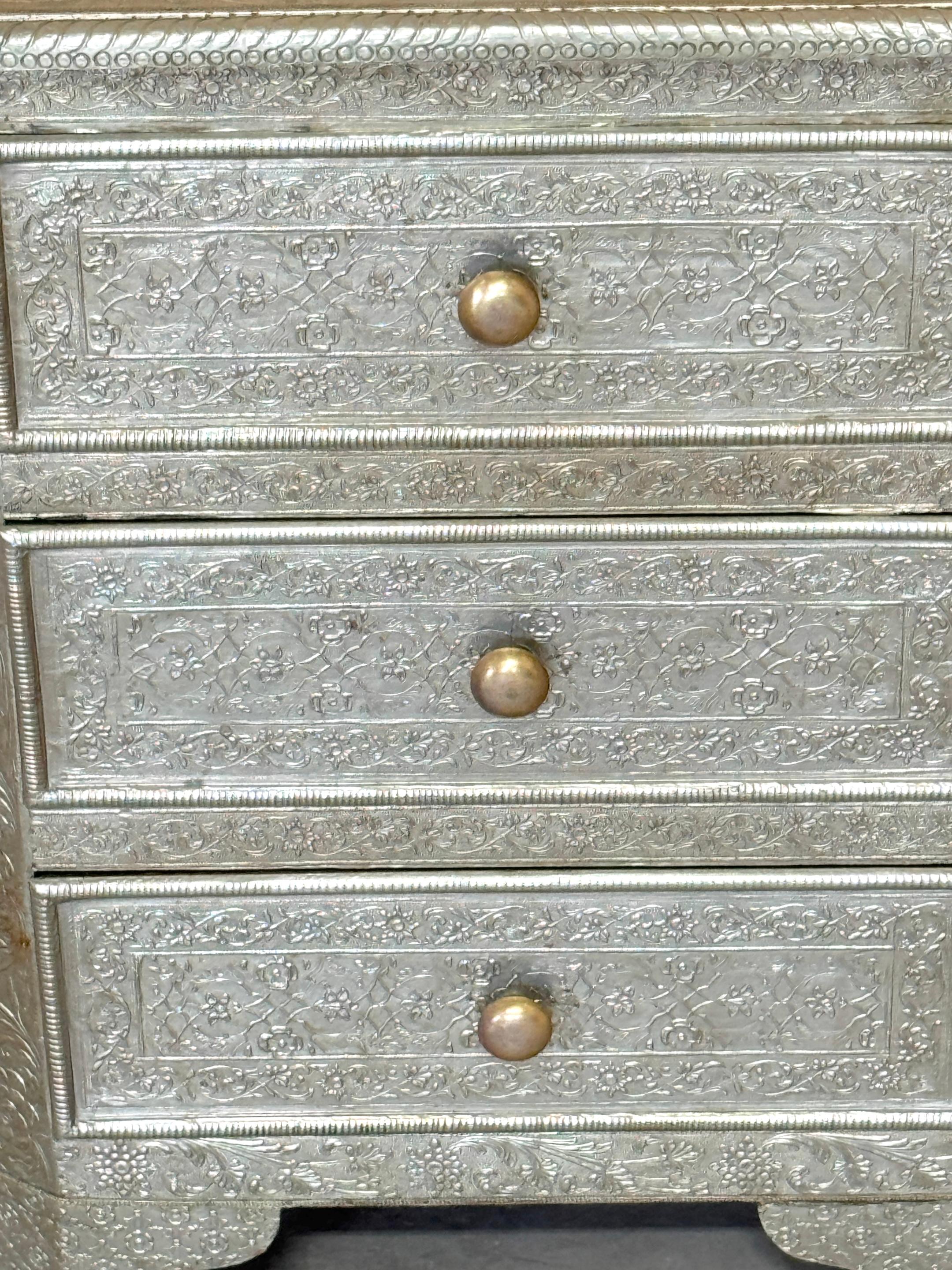 Silvered Anglo- Indian Silver Clad Repoused Three Dawer Chest or Nightstand