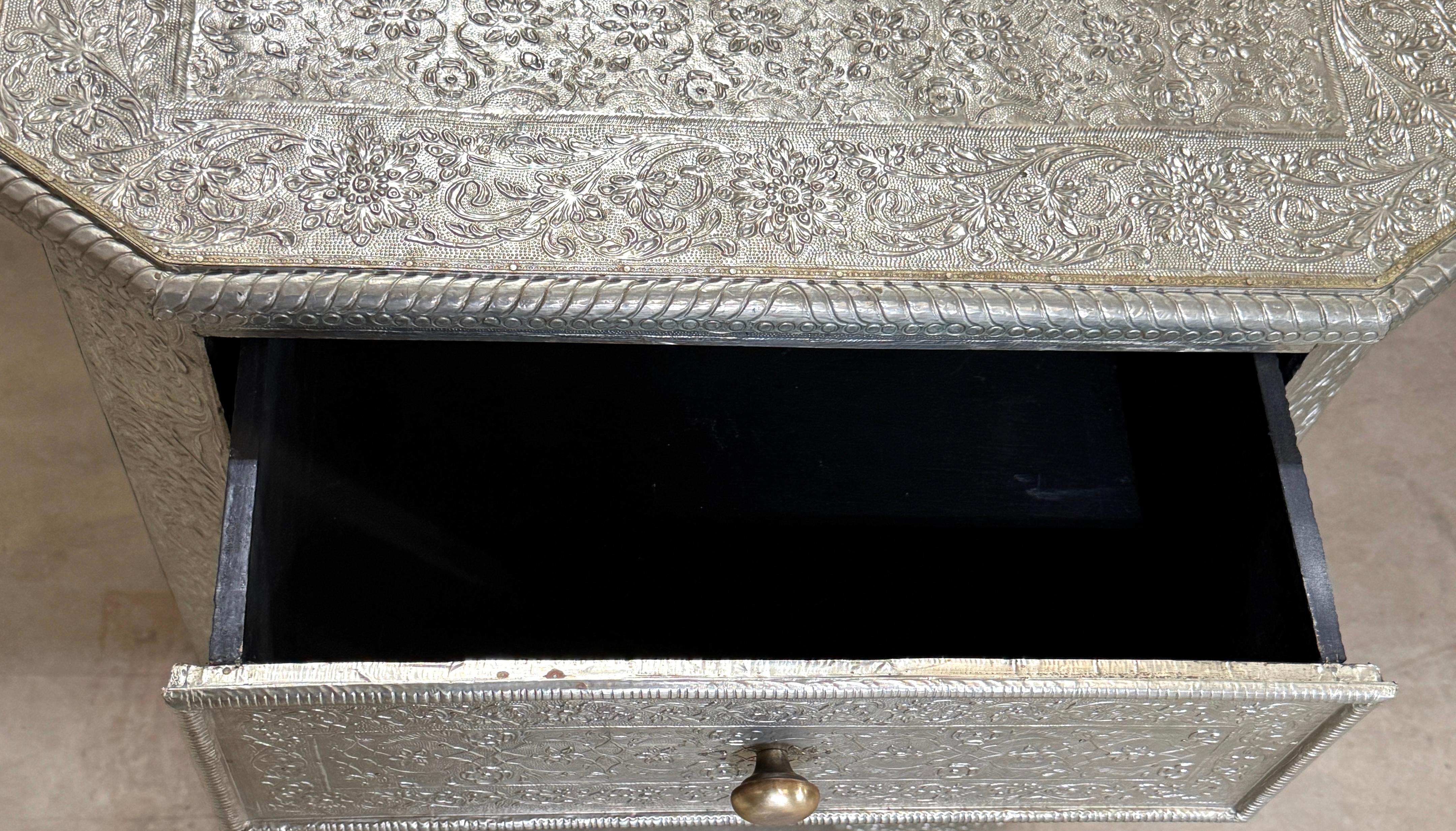 20th Century Anglo- Indian Silver Clad Repoused Three Dawer Chest or Nightstand