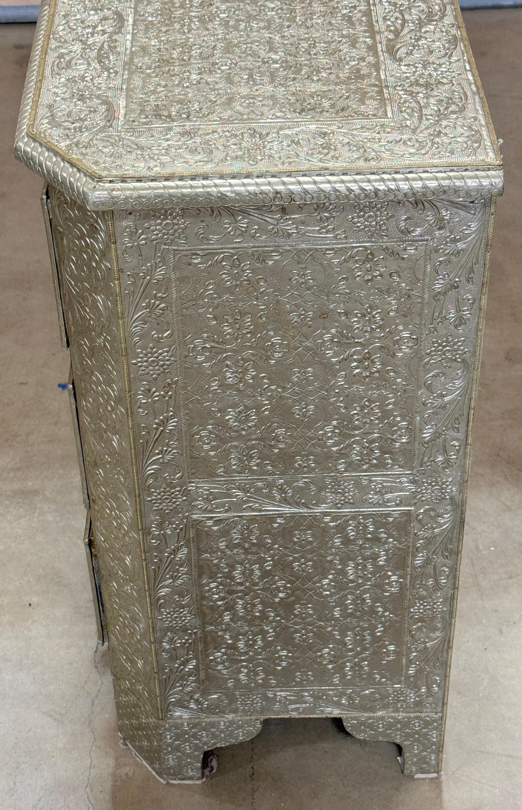 Metal Anglo- Indian Silver Clad Repoused Three Dawer Chest or Nightstand