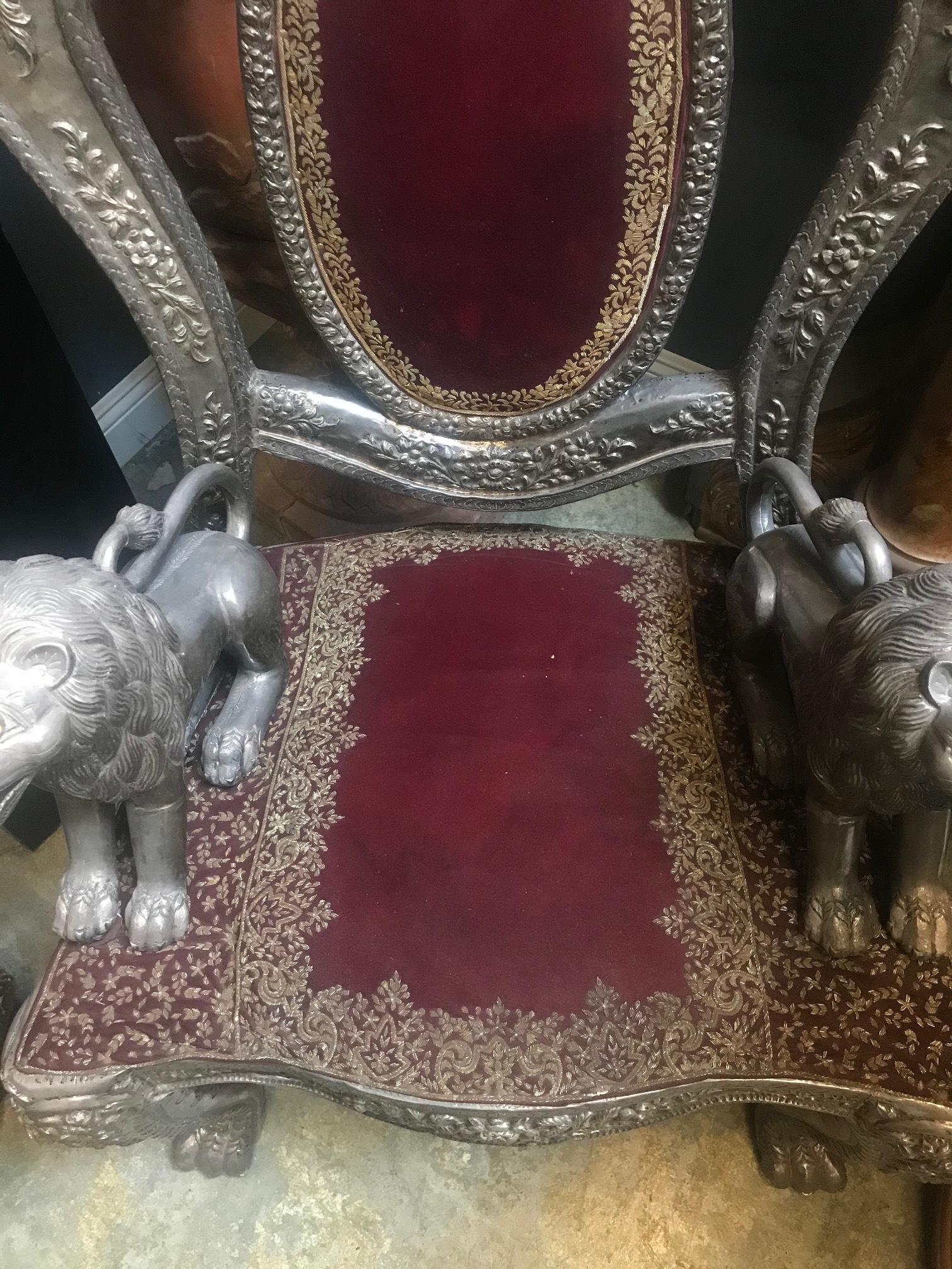 Anglo-Indian Silver Embossed Throne Armchair, 19th Century In Good Condition In Cypress, CA