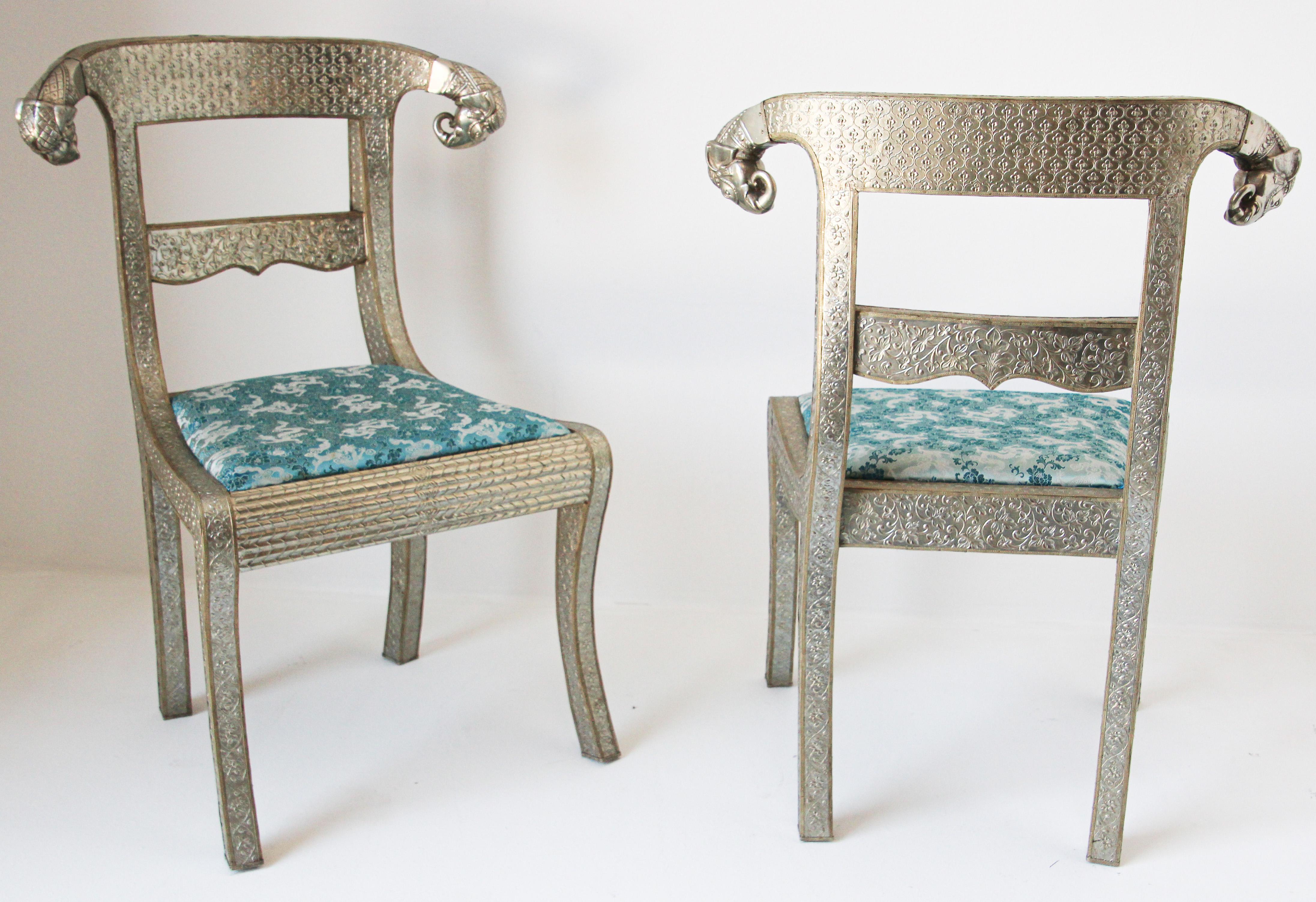 Anglo Raj Anglo-Indian Silvered Wrapped Clad Side Chairs a Pair For Sale