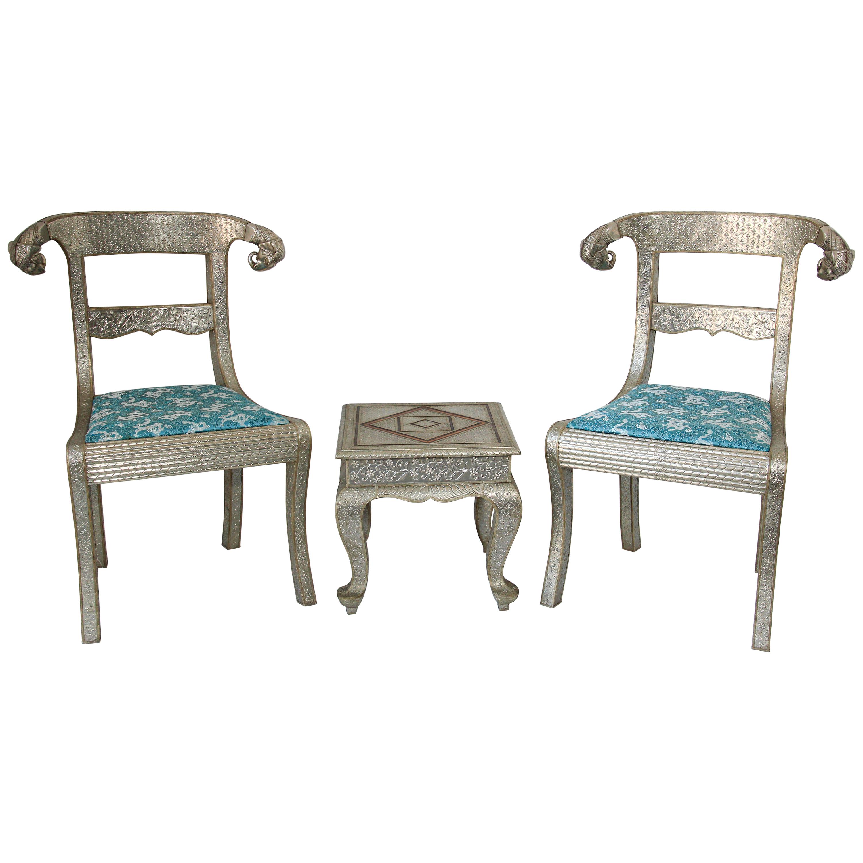 Anglo-Indian Silvered Wrapped Clad Side Chairs and Table For Sale