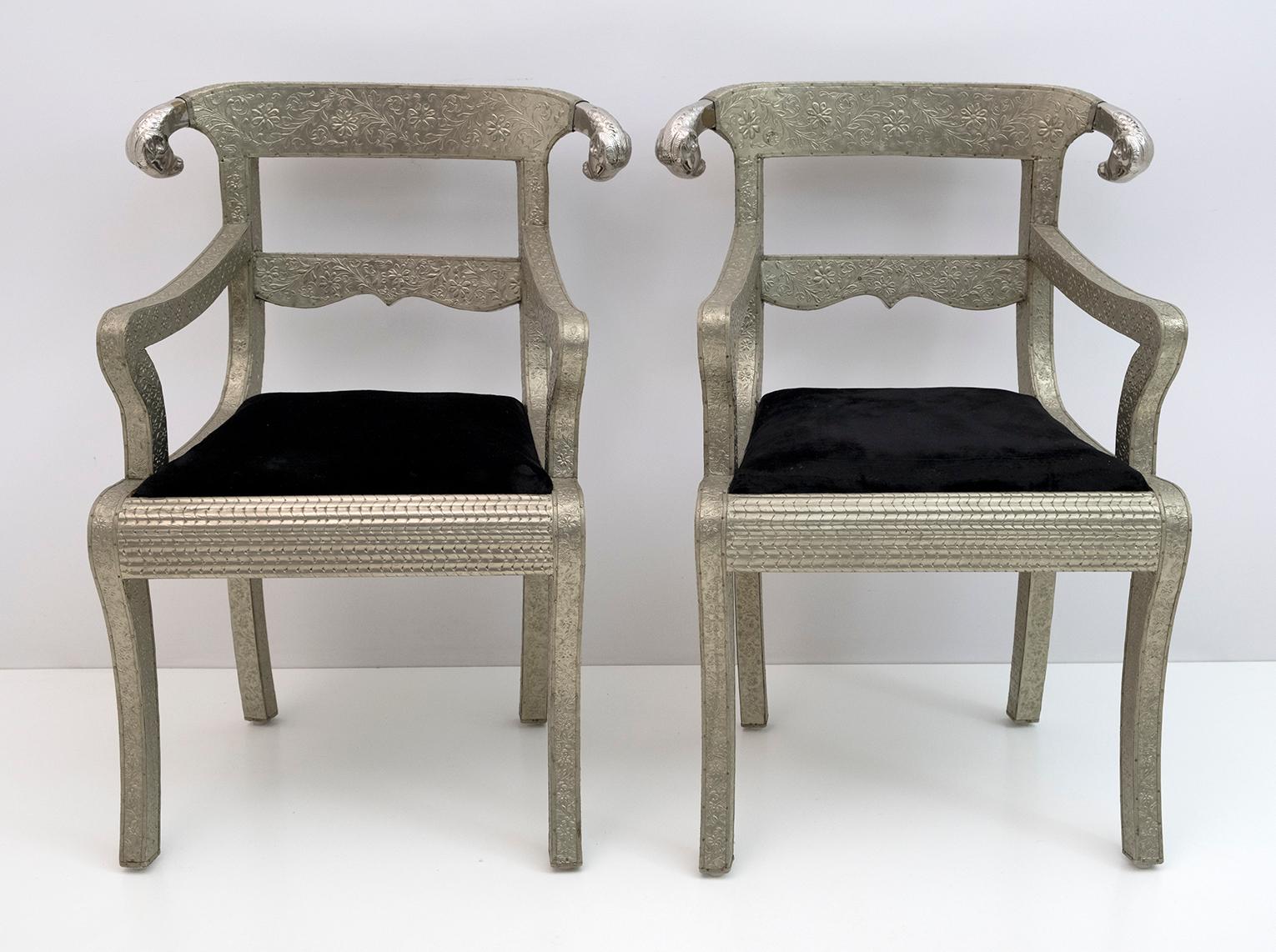 Anglo Raj Anglo-Indian Silvered Wrapped Clad Side Chairs 