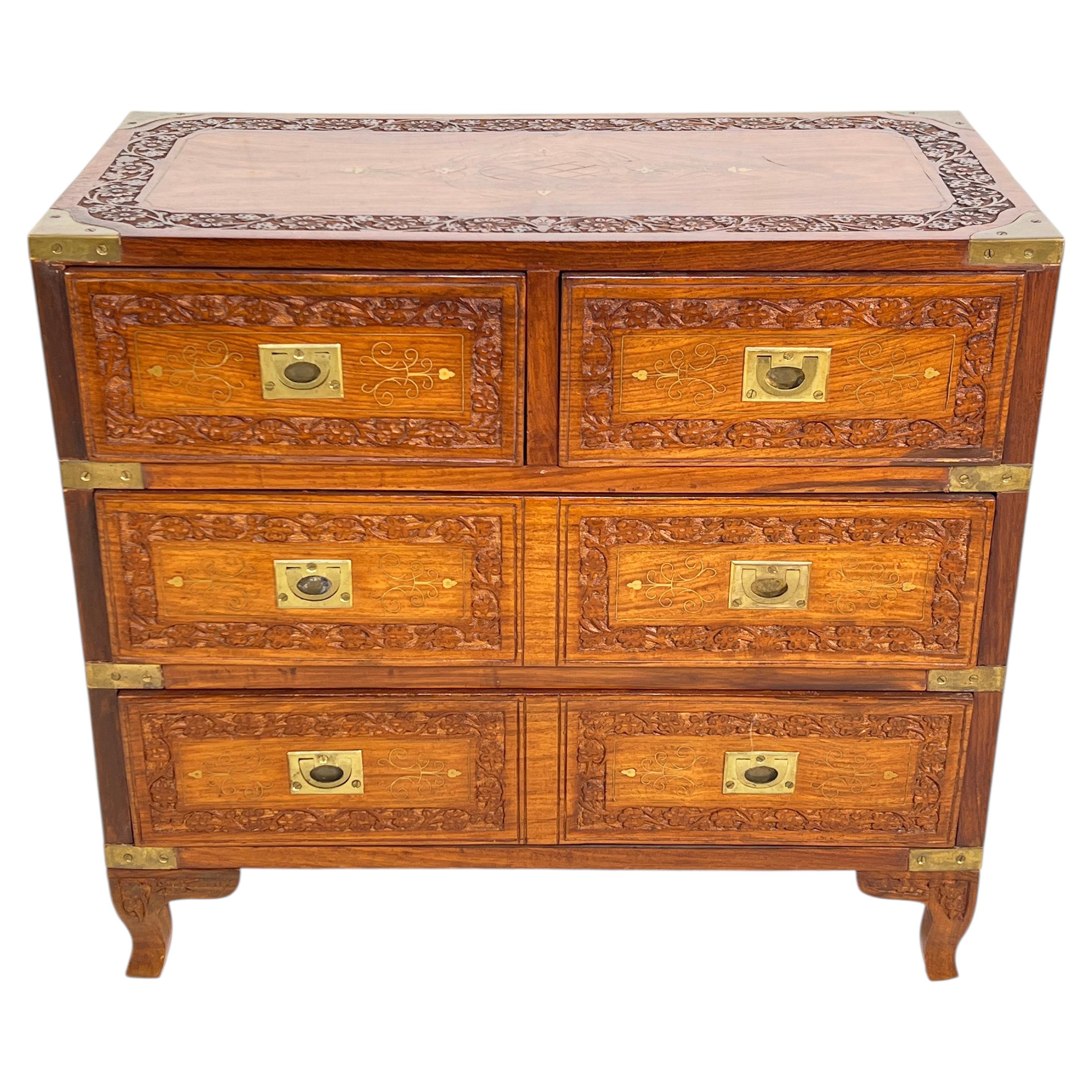 Anglo-Indian Small Campaign Style Rosewood Jewelry Chest With Brass Inlay
