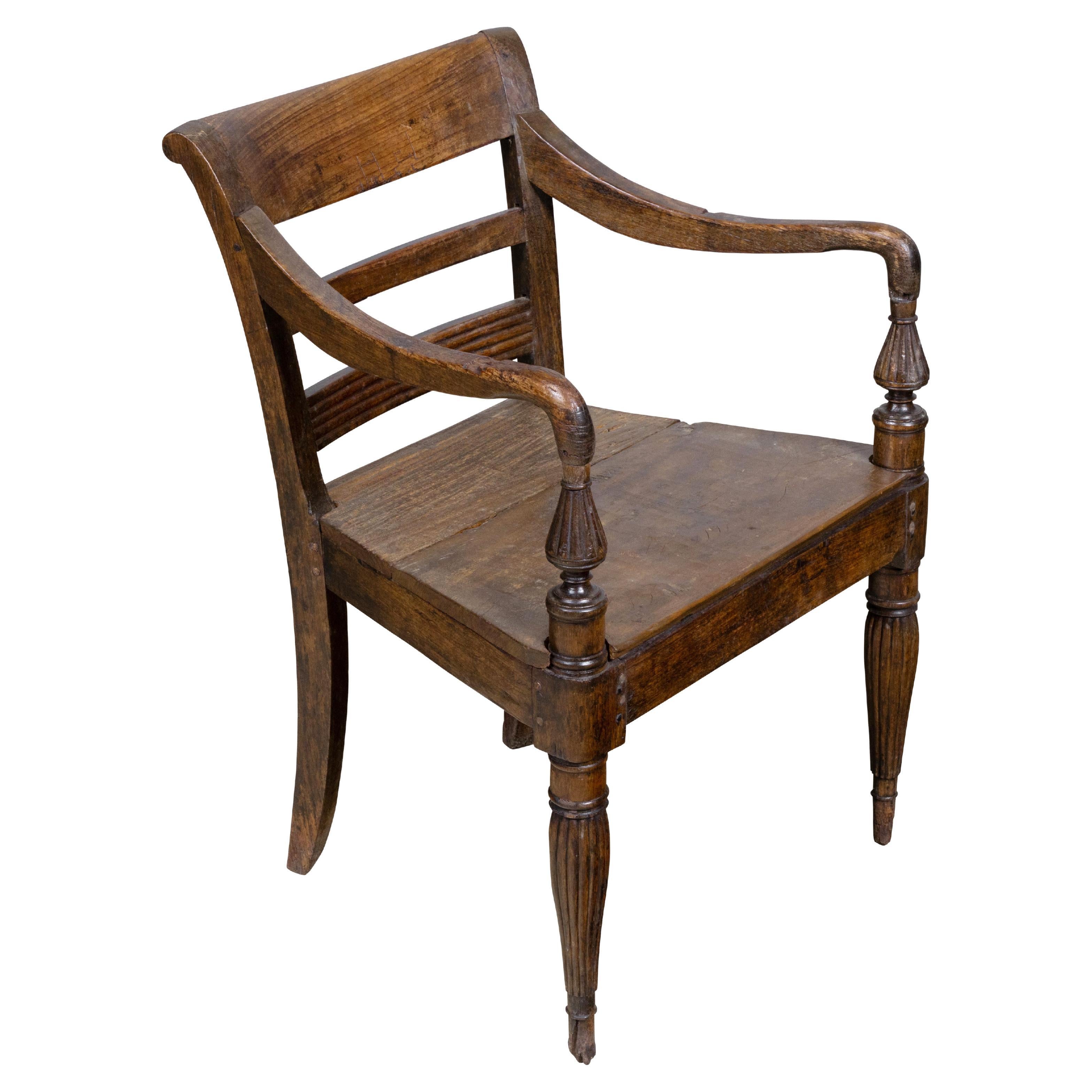 Anglo-Indian Solid Hardwood Armchair with Turned Supports and Board Seat, 1840s