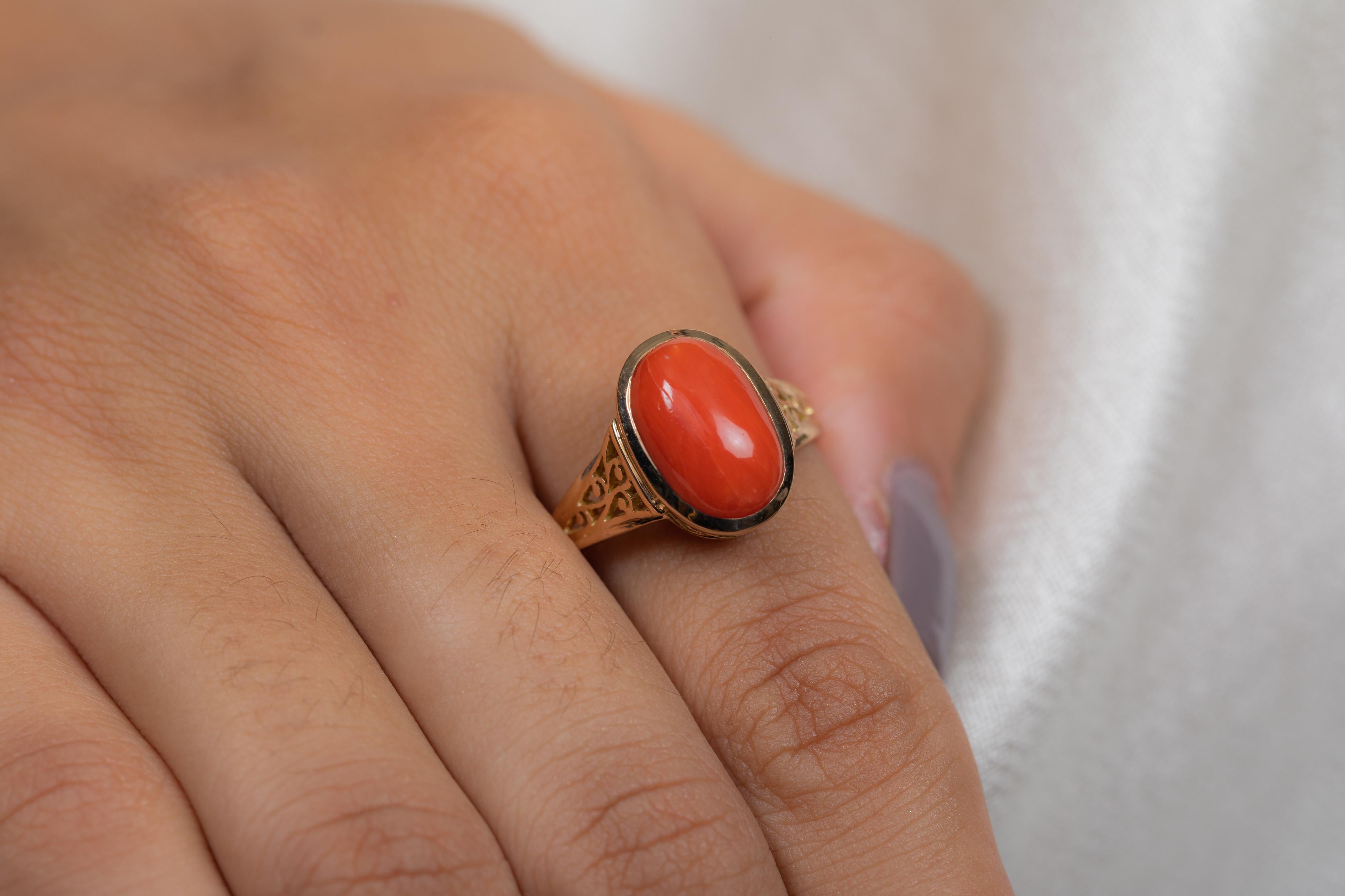 For Sale:  Anglo Indian Style 14K Yellow Gold 4.96 Carat Coral Cocktail Ring 2