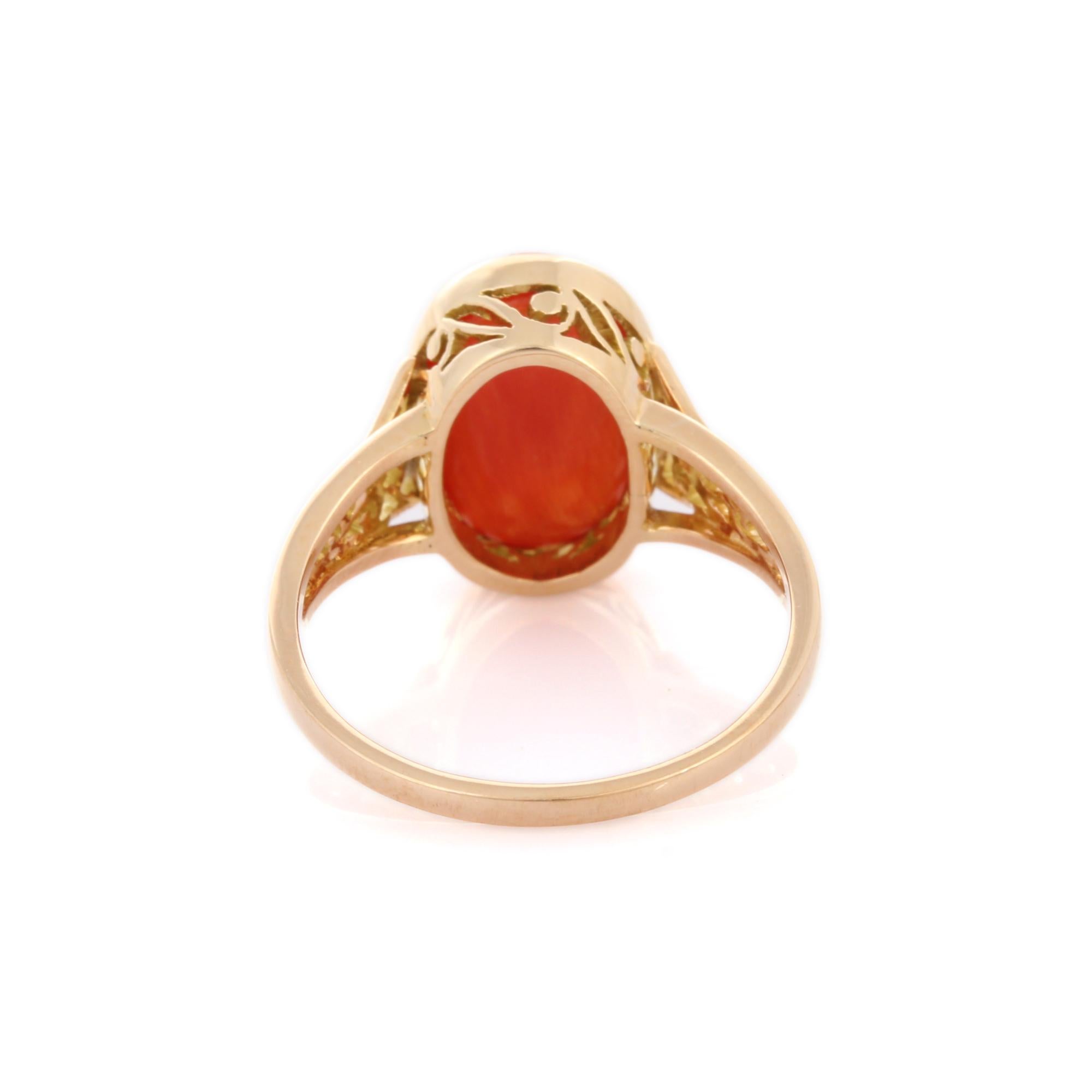 For Sale:  Anglo Indian Style 14K Yellow Gold 4.96 Carat Coral Cocktail Ring 3