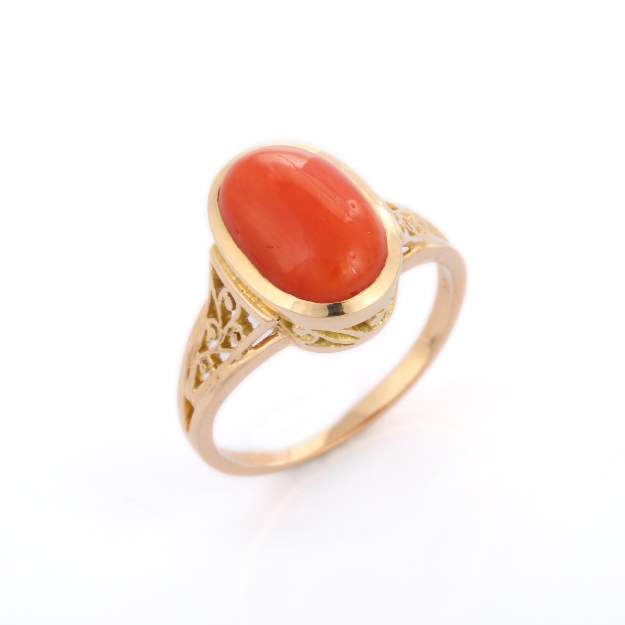 For Sale:  Anglo Indian Style 14K Yellow Gold 4.96 Carat Coral Cocktail Ring 5