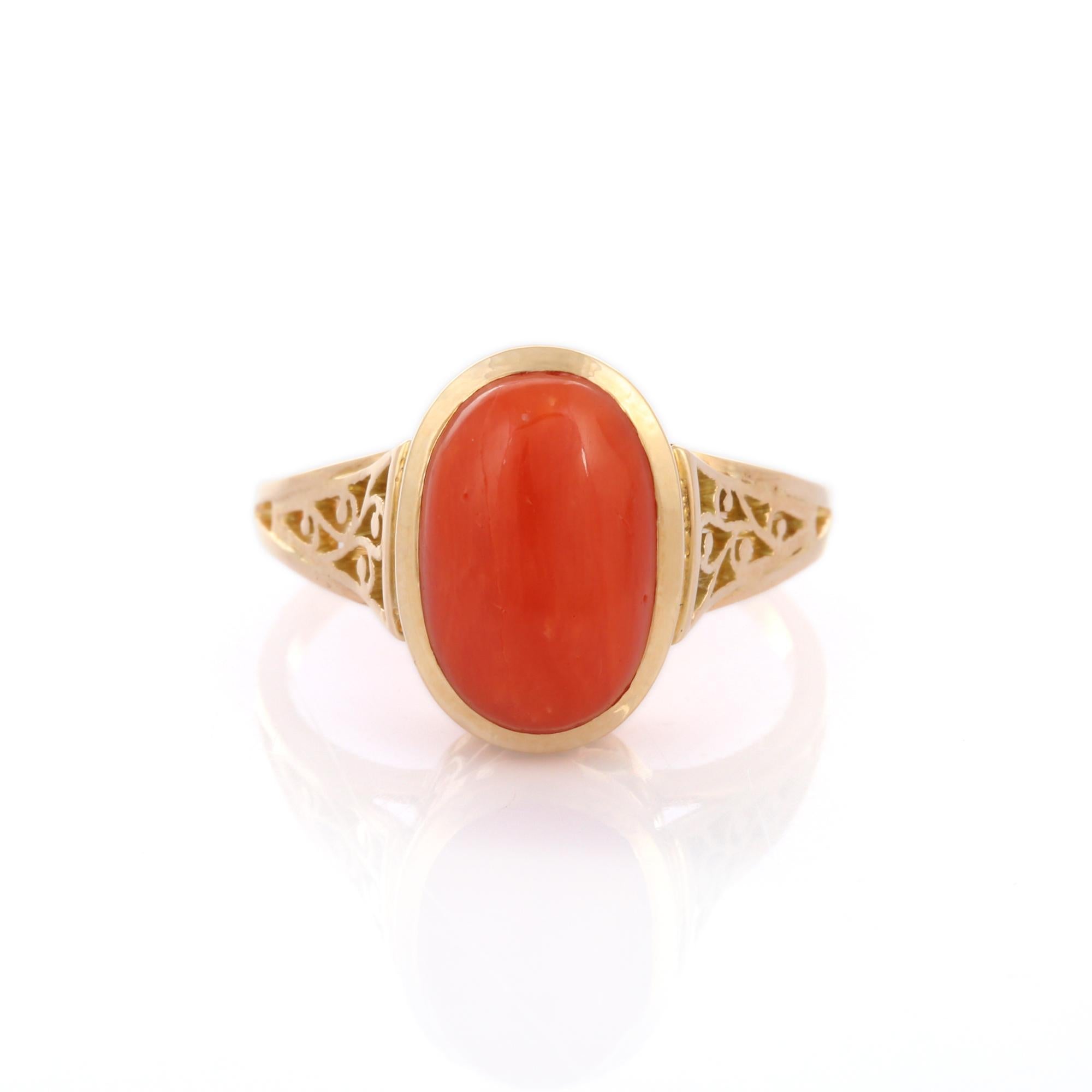 For Sale:  Anglo Indian Style 14K Yellow Gold 4.96 Carat Coral Cocktail Ring 7