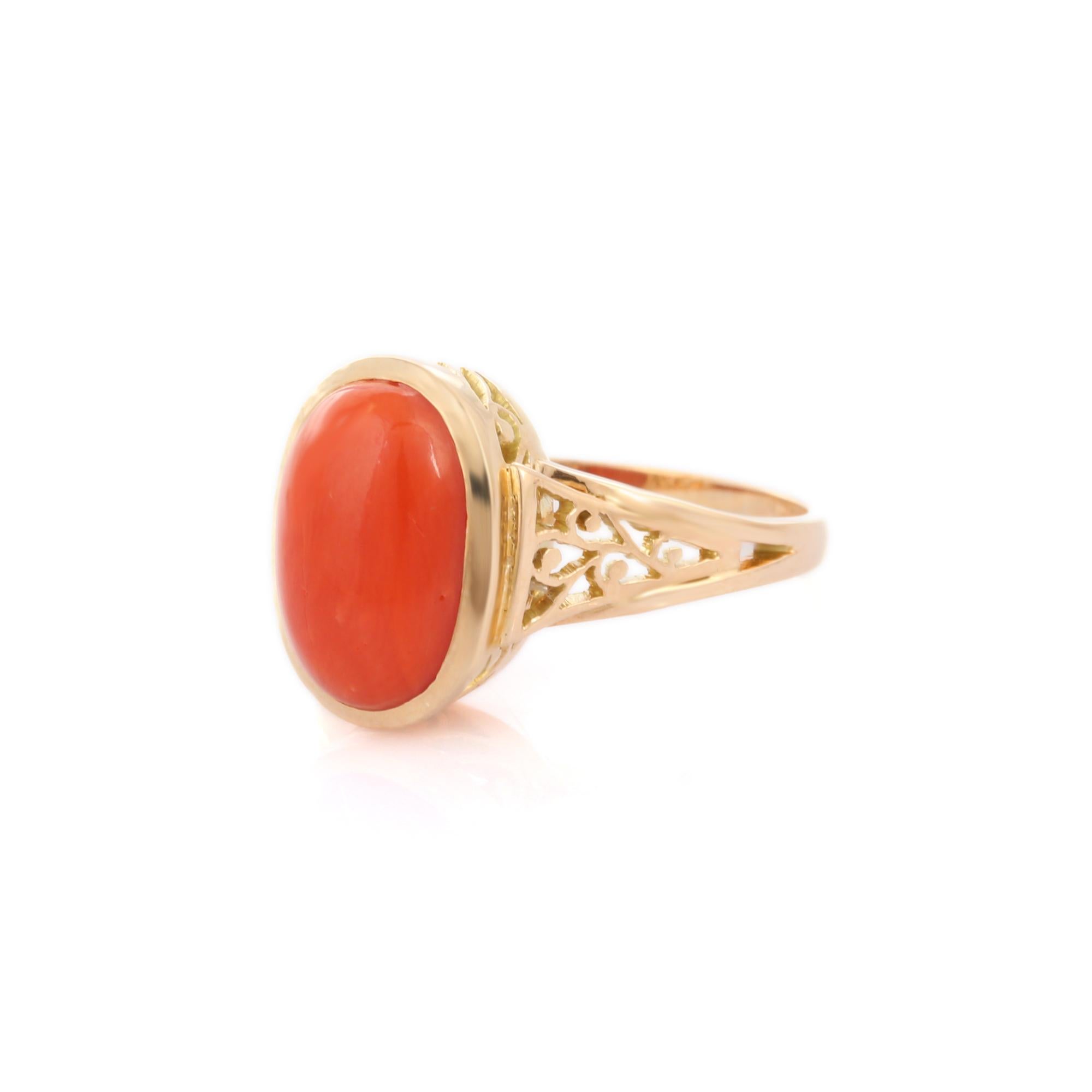 For Sale:  Anglo Indian Style 14K Yellow Gold 4.96 Carat Coral Cocktail Ring 9