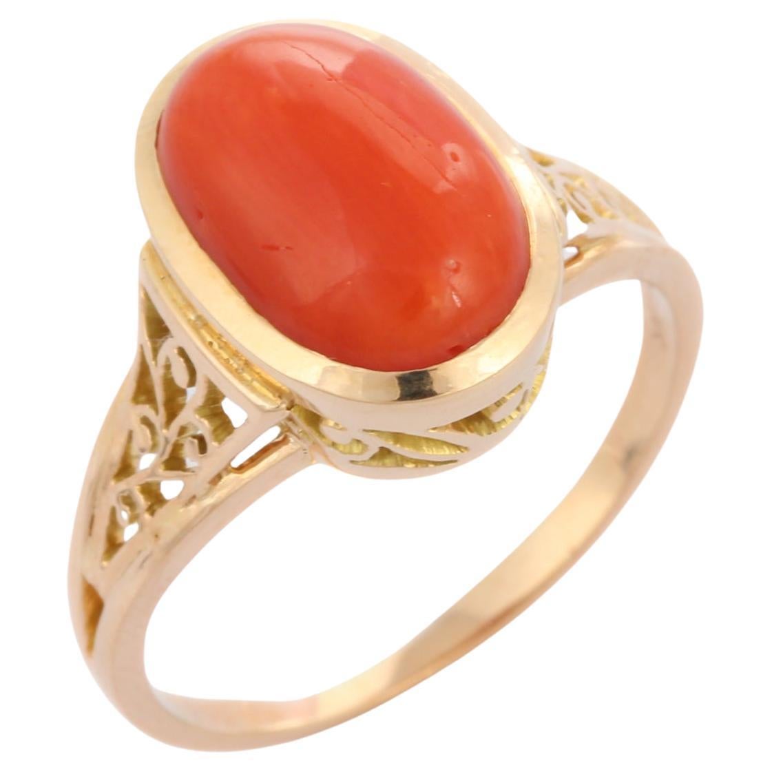 For Sale:  Anglo Indian Style 14K Yellow Gold 4.96 Carat Coral Cocktail Ring